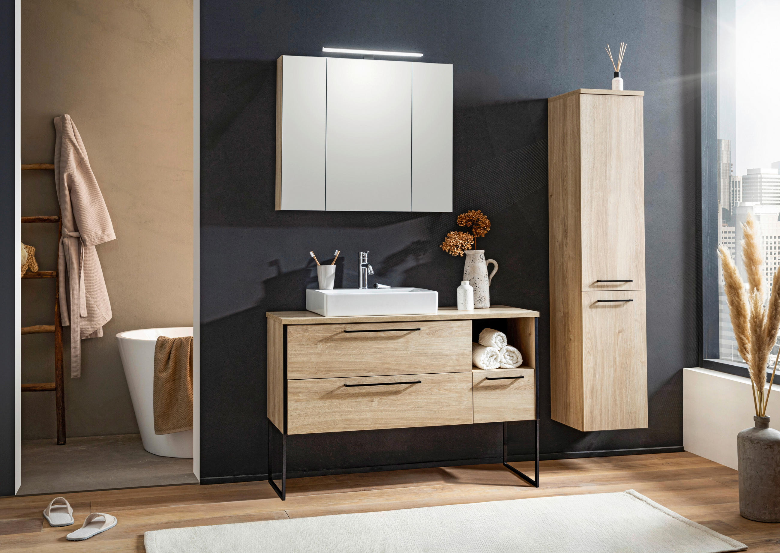 WASCHTISCHKOMBI  - Eichefarben/Weiß Hochglanz, MODERN, Keramik/Holzwerkstoff (114cm) - Stylife