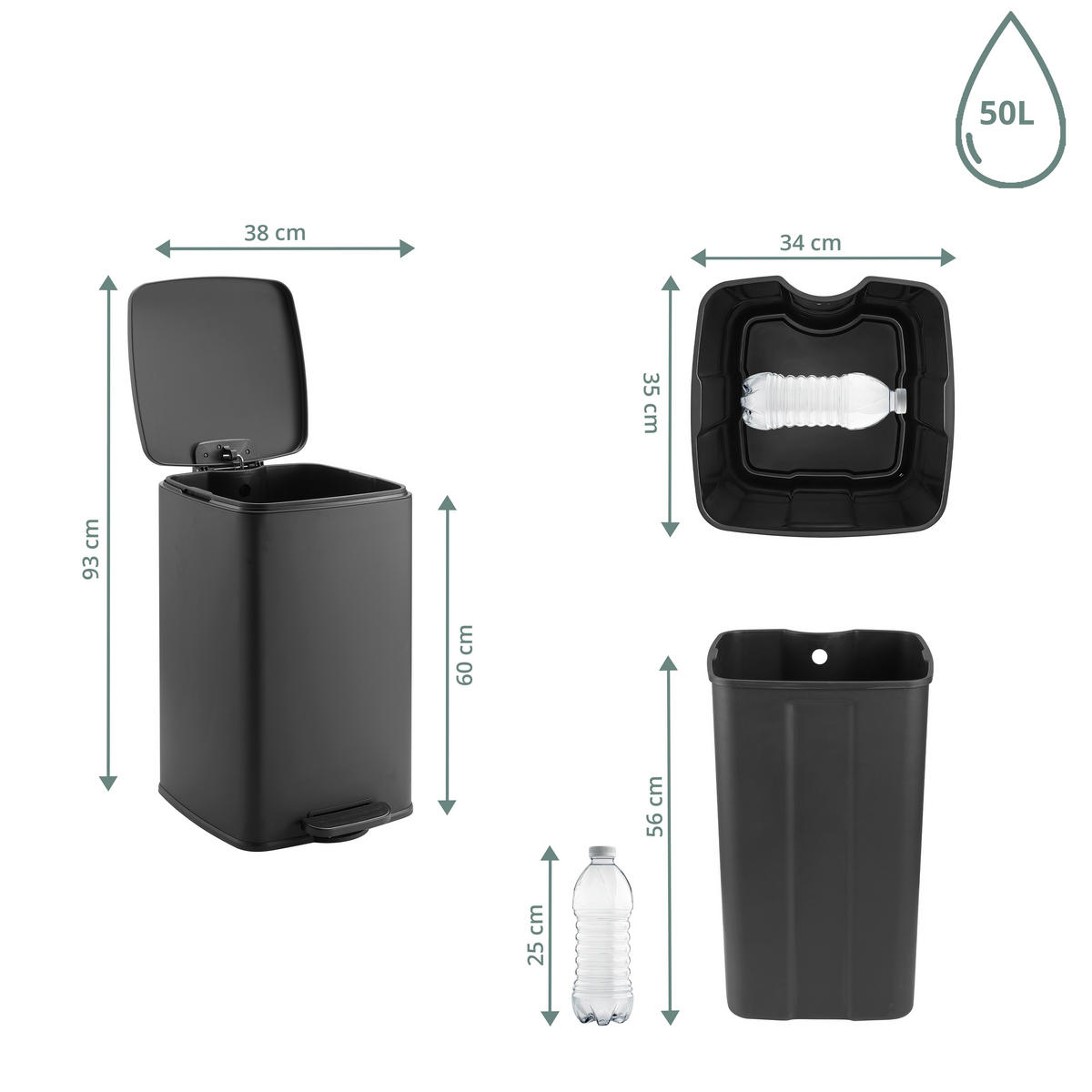 ABFALLEIMER 50 l  Metall  - Schwarz, MODERN, Kunststoff/Metall (45/60/38cm) - MID.YOU