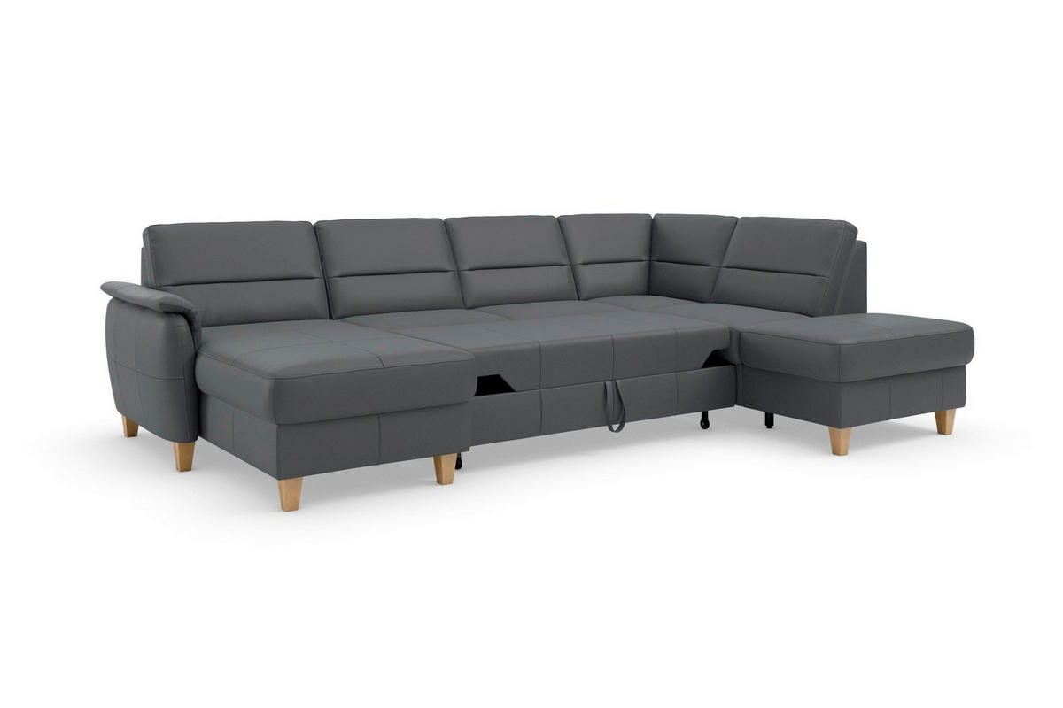 SEDACIA SÚPRAVA, koža, čierna - čierna/farba duba, Basics, koža/drevo (163/308/212cm) - Sit & More