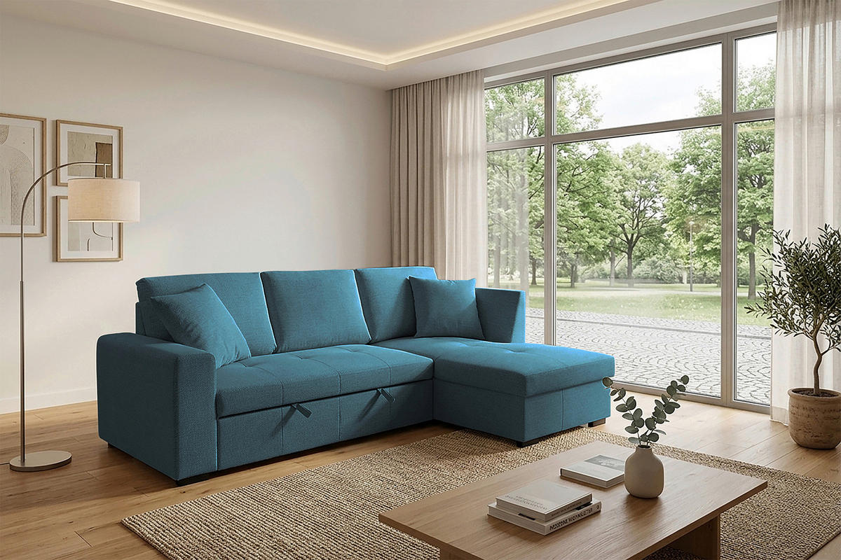 ECKSOFA LUKAS Blau Struktur Zierkissen, Bettkasten  - Blau, Trend, Textil (239/158cm) - P & B