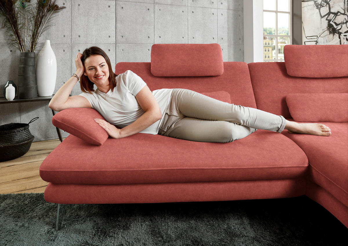 ECKSOFA in Velours Koralle  - Koralle/Schwarz, Design, Textil/Metall (284/184cm) - Dieter Knoll