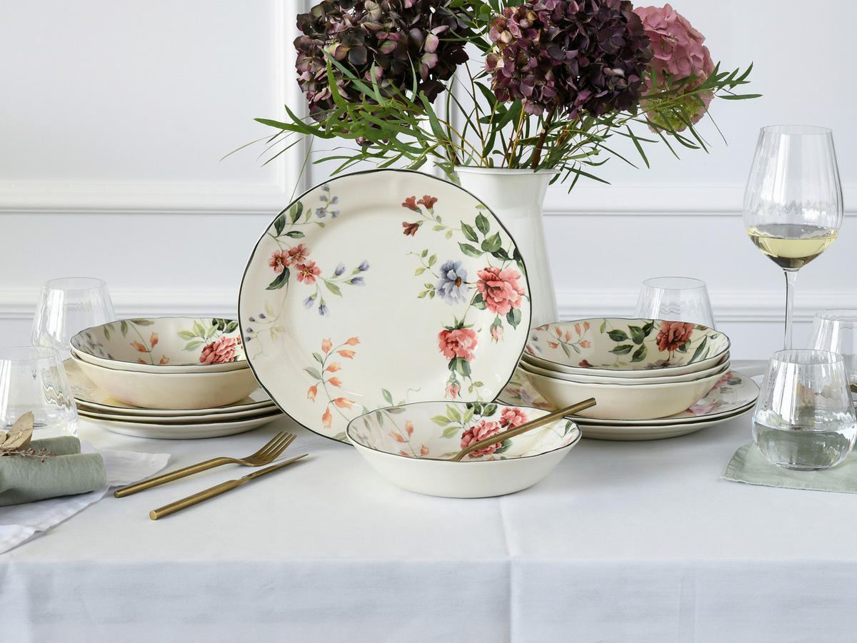 TAFELSERVICE Priscilla Bunt 12-teilig  - Waldgrün/Mauve, Trend, Keramik - Creatable