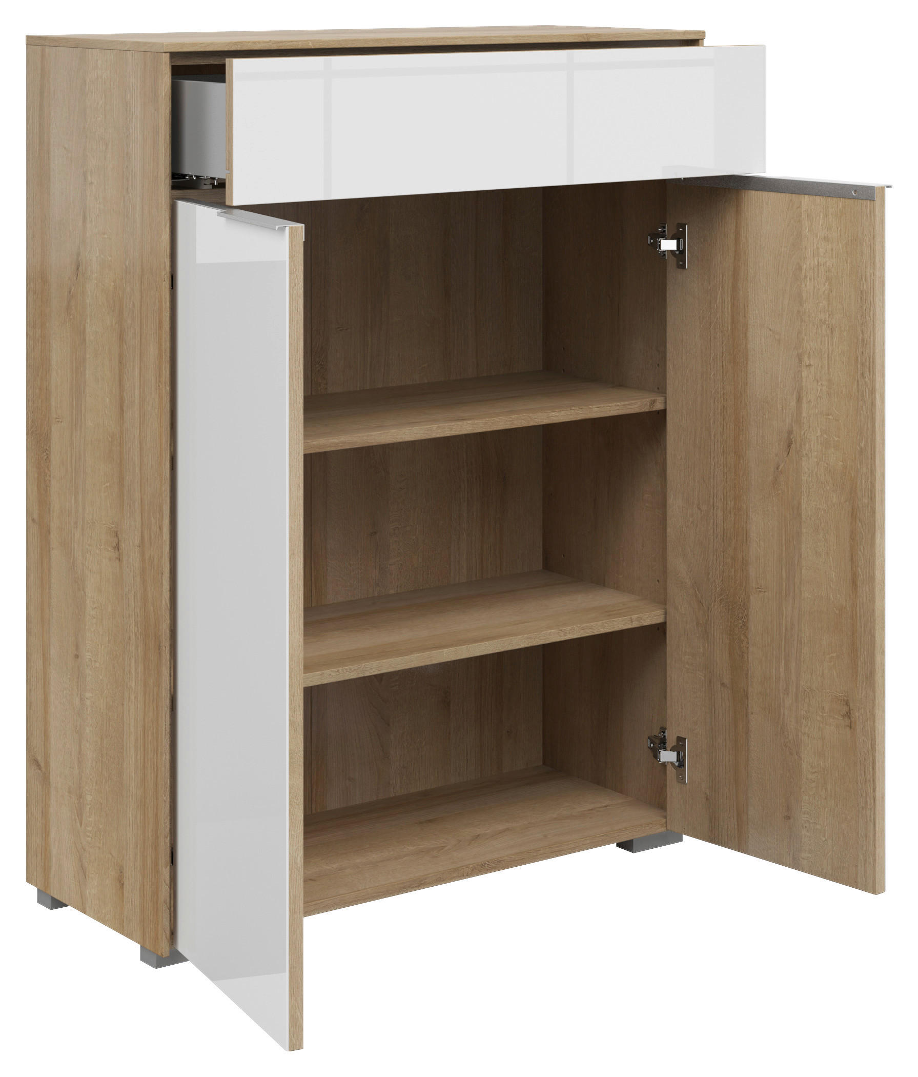 KOMMODE 81/110/37 cm  in Weiß, Eichefarben  - Eichefarben/Silberfarben, KONVENTIONELL, Glas/Holzwerkstoff (81/110/37cm) - Voleo