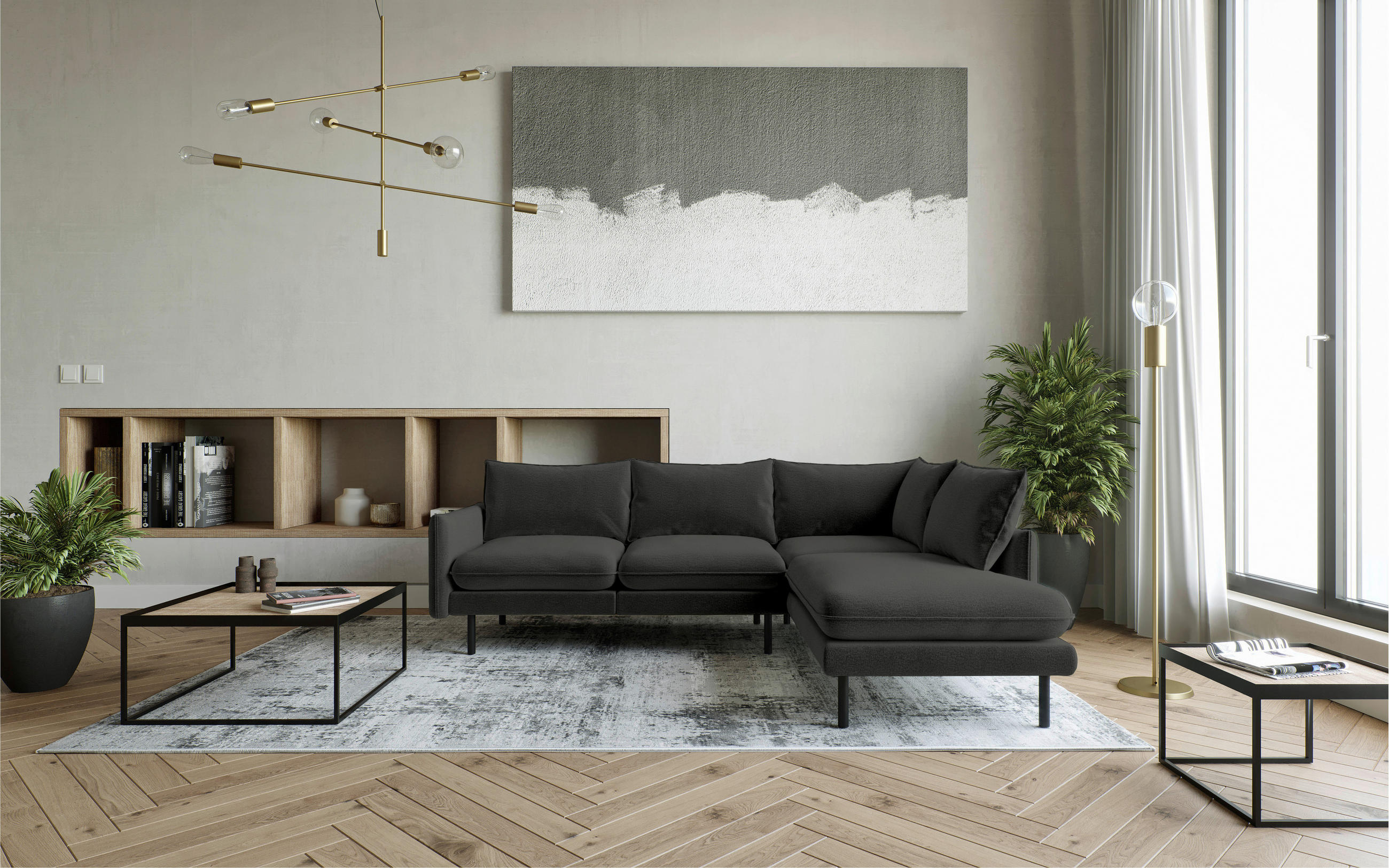 ECKSOFA Dunkelgrau Flachgewebe  - Dunkelgrau/Schwarz, Design, Textil/Metall (267/204cm) - Livetastic