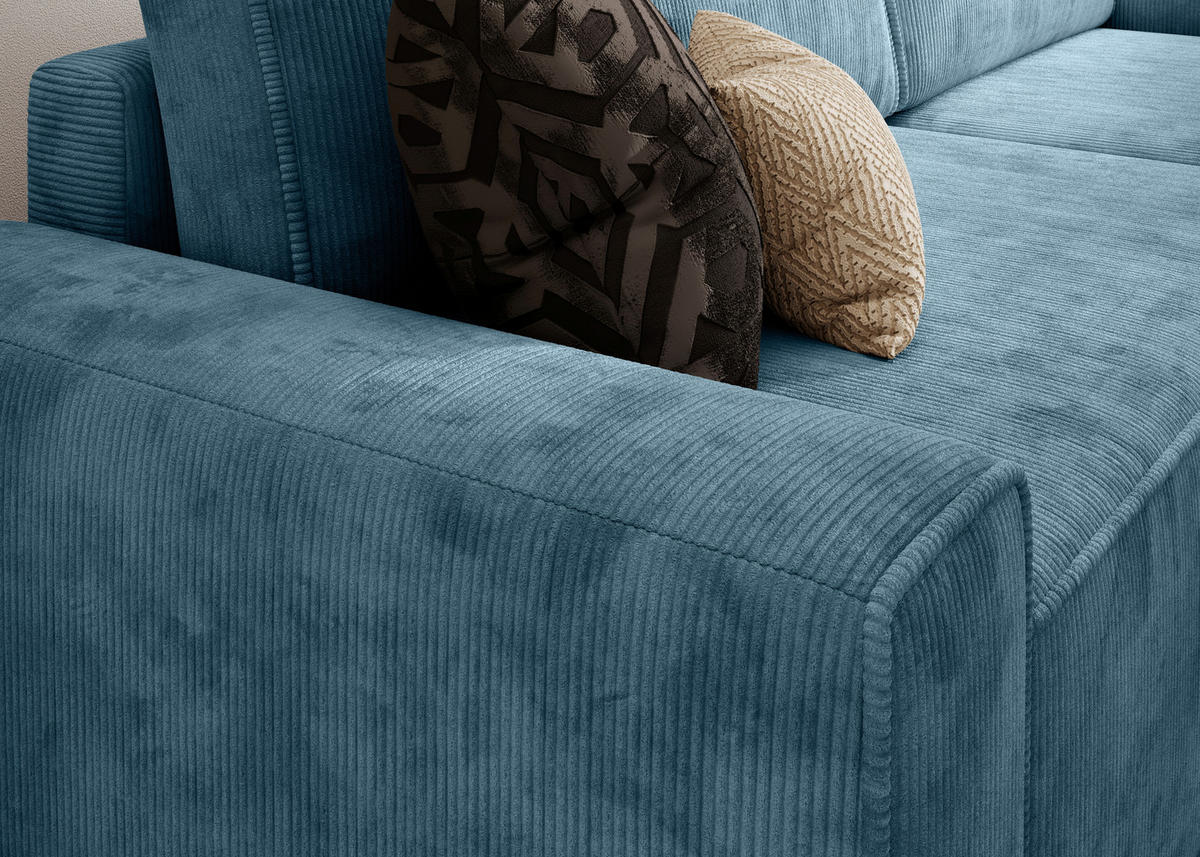 ECKSCHLAFSOFA CHALLANGE  mit Schlafen auf Sitzhöhe, Rücken echt, Armteil links, Armteil rechts Cord Blaugrau  - Blaugrau/Schwarz, MODERN, Kunststoff/Textil (246/168cm) - Trendmanufaktur