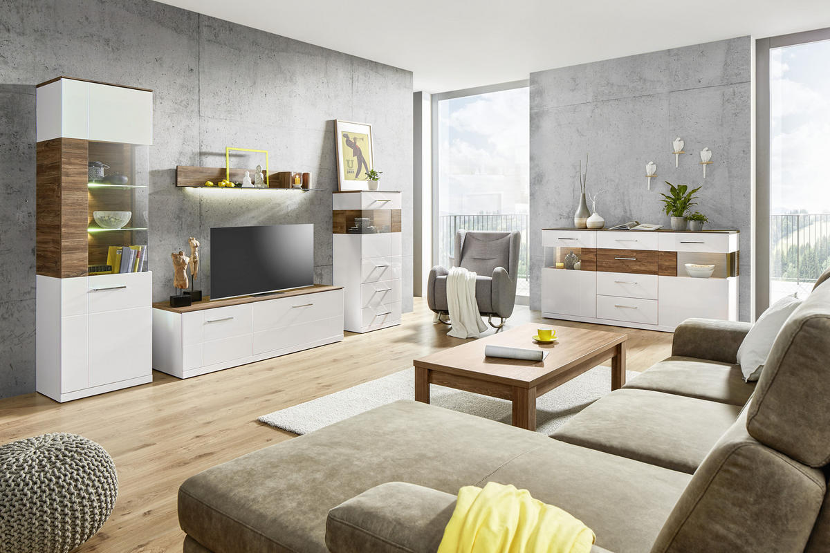 MEDIABÄNK vit, akaciefärgad  160/49/50 cm  - vit/akaciefärgad, Design, trä (160/49/50cm) - Premium Living