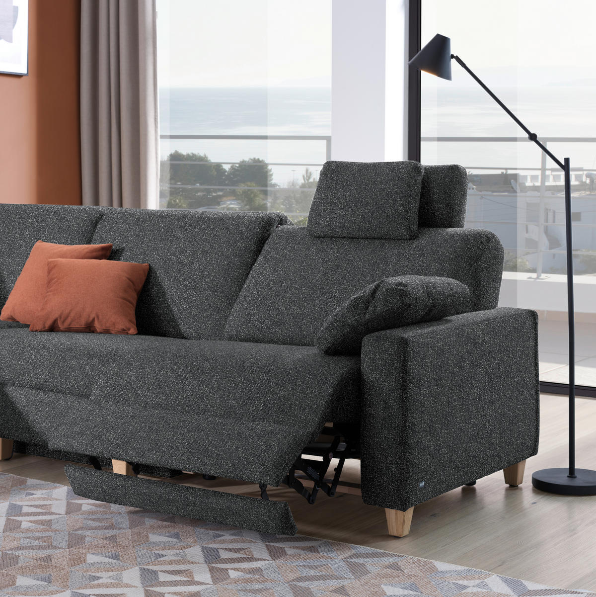 ECKSOFA  in Mikrovelours Anthrazit  203/261 cm  - Eichefarben/Anthrazit, KONVENTIONELL, Holz/Textil (203/261cm) - Sedda