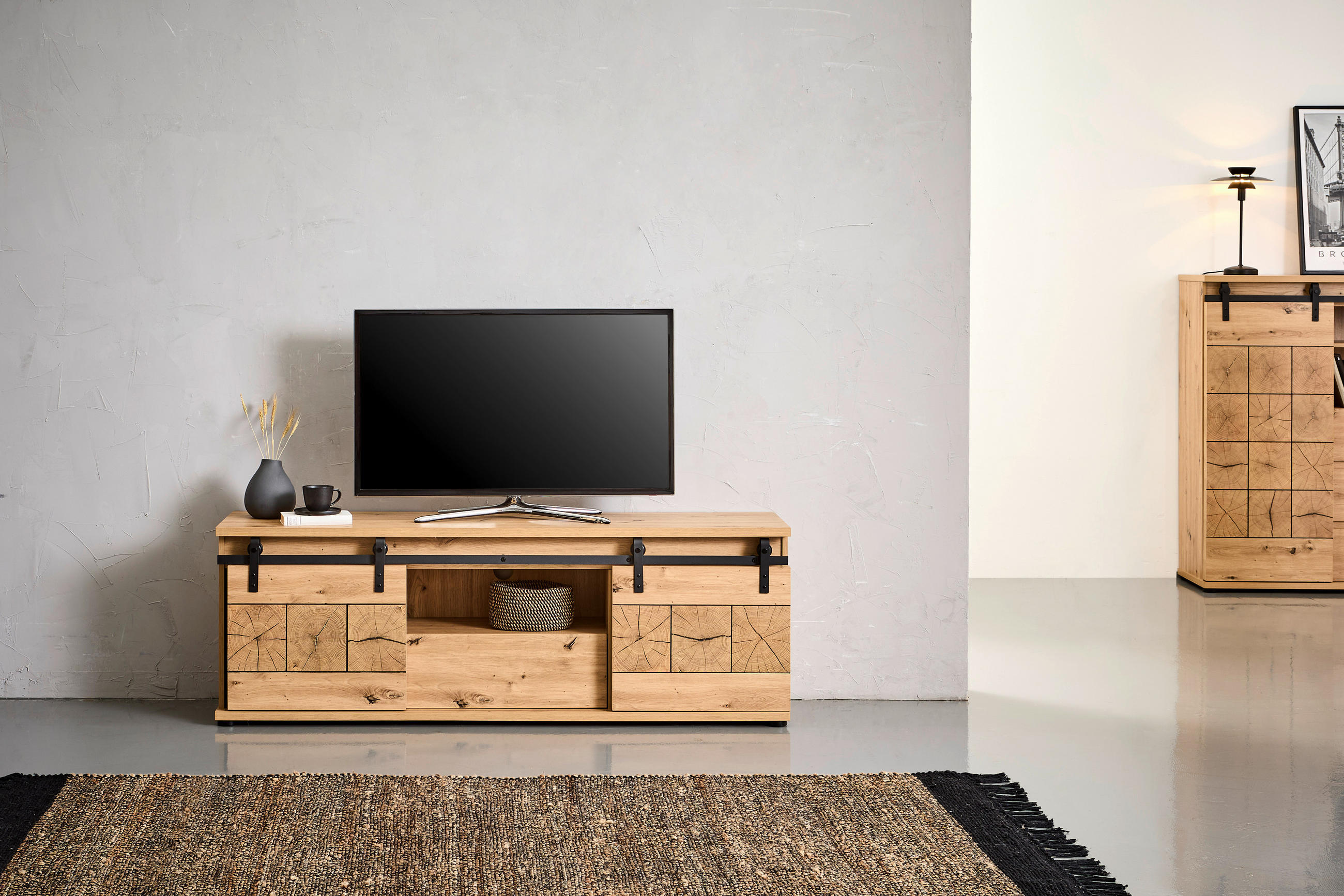 Thumbnail - Mid.you Lowboard Quito, Schwarz, Eiche, Metall, Holzwerkstoff, 1 Schublade(n) Schubladen, 160x56x40 cm, Bsci, Wohnzimmer...