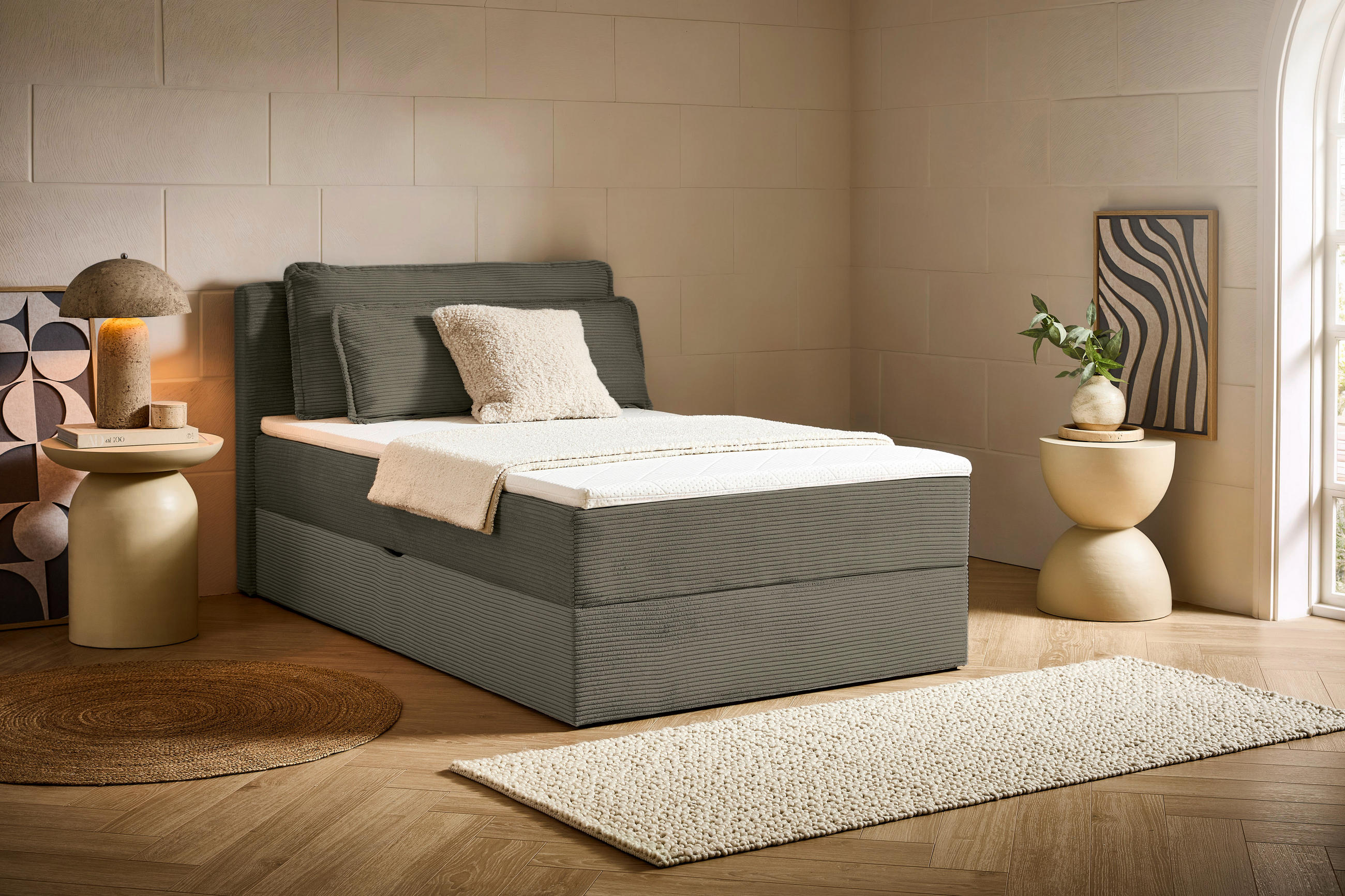 BOXBETT 120/200 cm,  in Waldgrün, Kissen, Bettkasten, Topper, H3 = fest  - Waldgrün/Schwarz, Design, Kunststoff/Textil (120/200cm) - Chameo