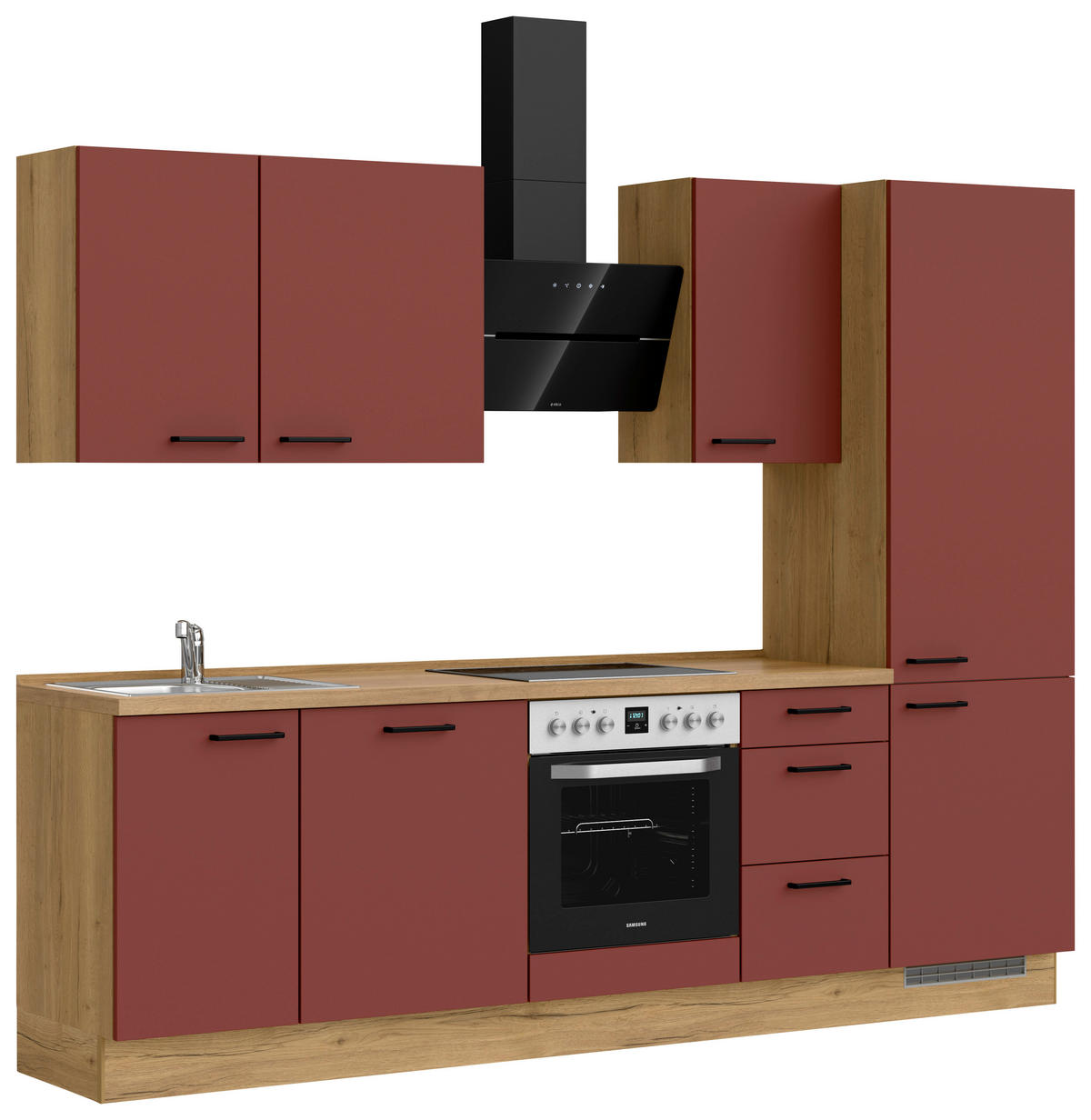 KÜCHENBLOCK Easytouch 270 cm  in Eichefarben, Dunkelrot  - Eichefarben/Schwarz, MODERN, Holzwerkstoff/Metall (270cm) - Nobilia