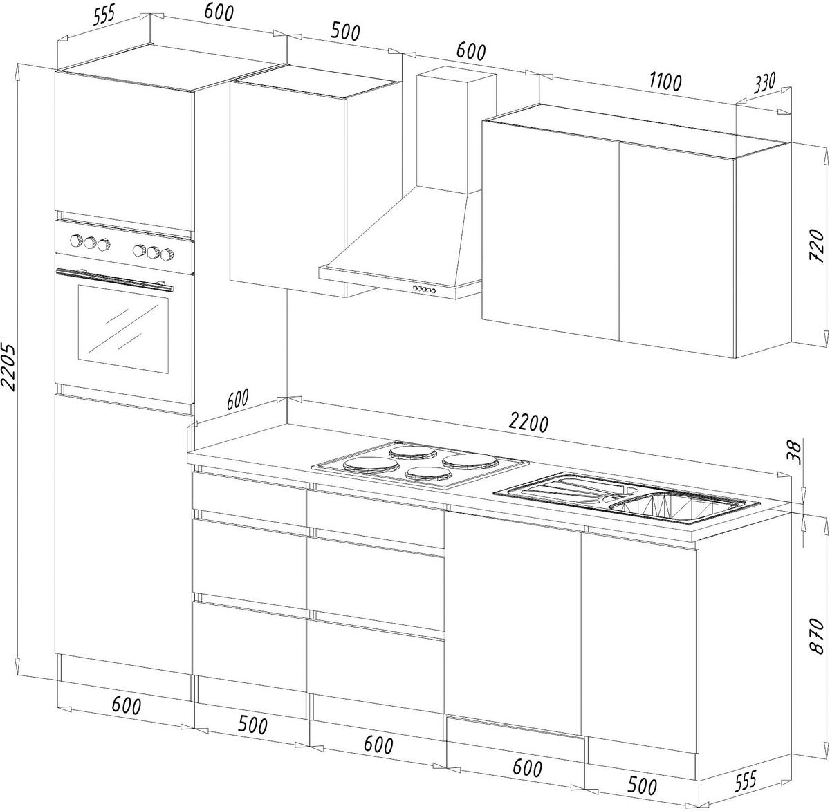 KÜCHENBLOCK 280 cm   in Grau, Eichefarben  - Eichefarben/Grau, Basics, Holzwerkstoff (280cm) - Respekta