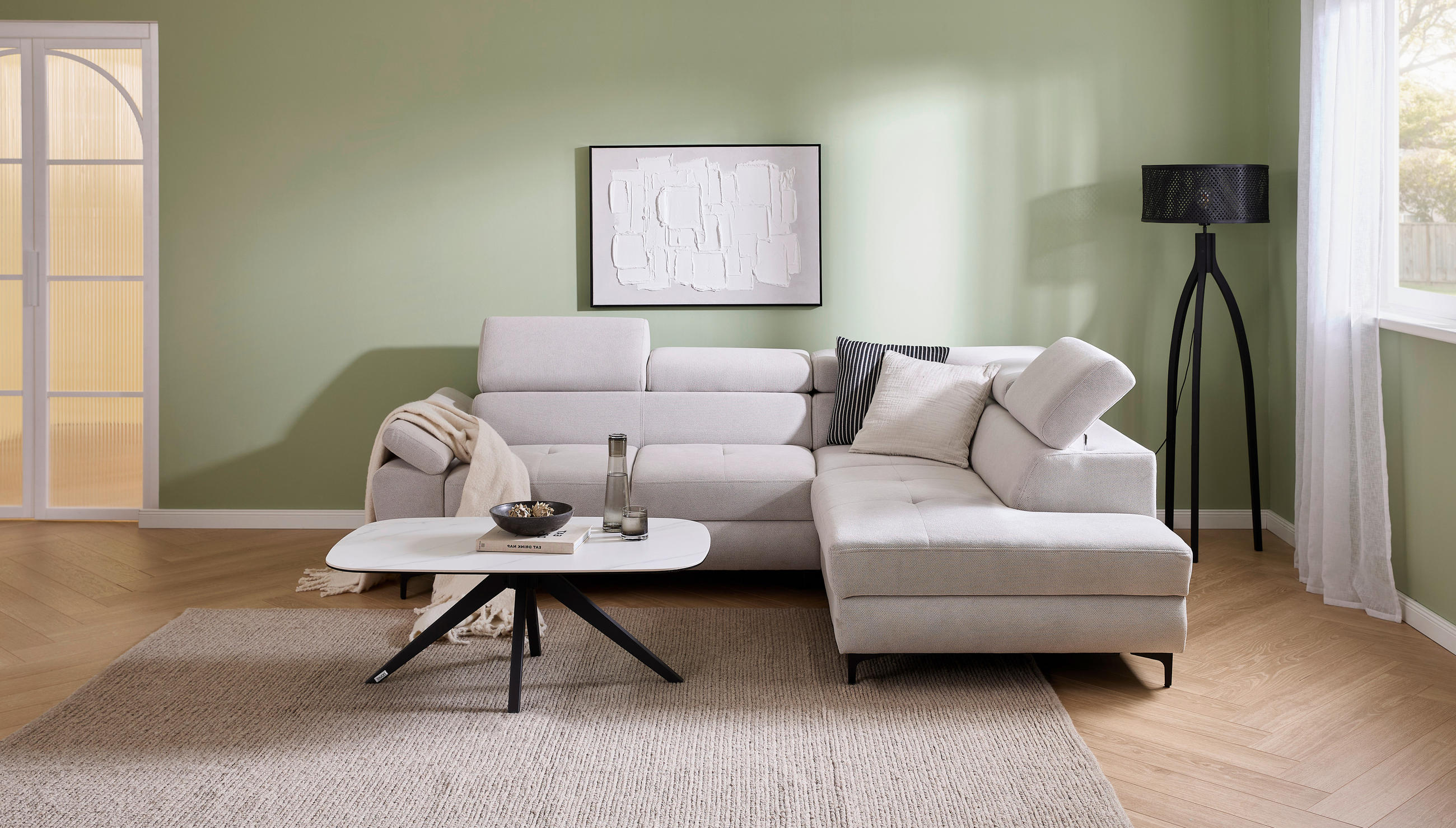 ECKSOFA in Flachgewebe Beige  - Beige/Schwarz, Design, Textil/Metall (266/206cm) - Stylife