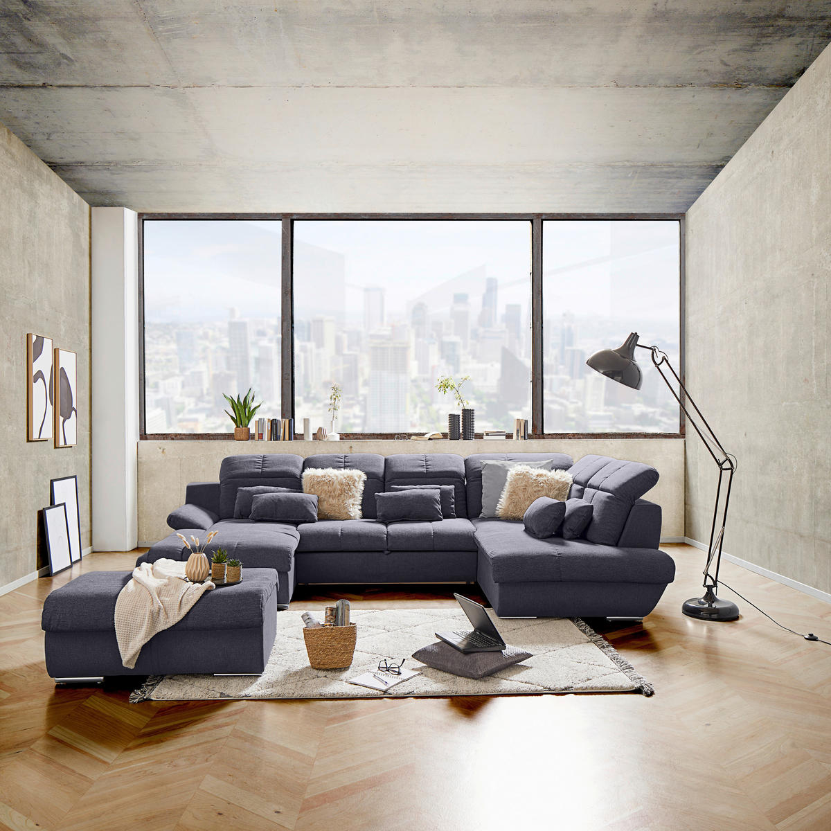 WOHNLANDSCHAFT in Mikrofaser Dunkelblau  - Chromfarben/Dunkelgrau, Modern, Textil/Metall (184/345/228cm) - MID.YOU