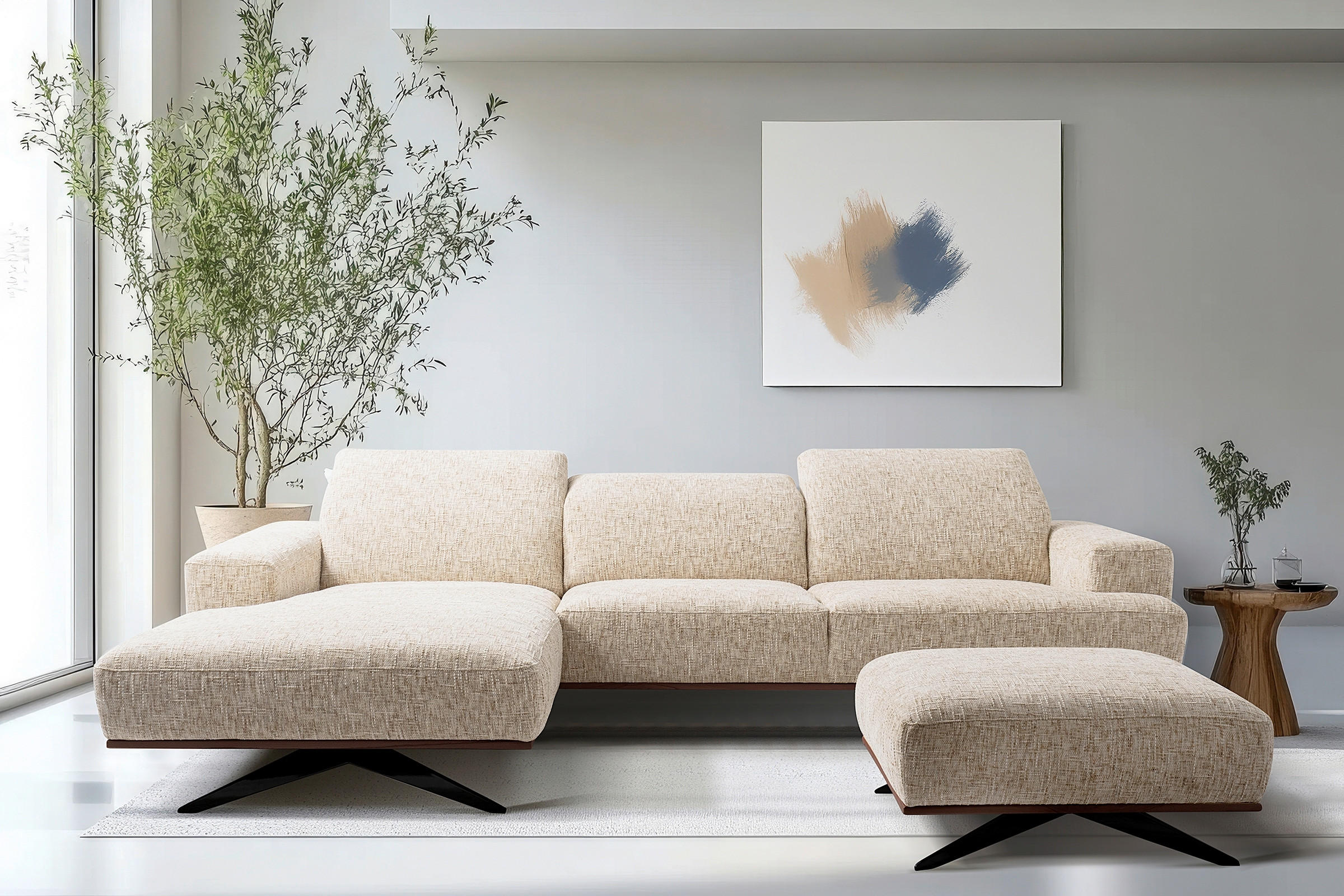 ECKSOFA PORTLAND in Struktur Beige Kopfteilverstellung  187/295 cm  - Beige/Schwarz, Design, Holz/Textil (187/295cm) - Livetastic