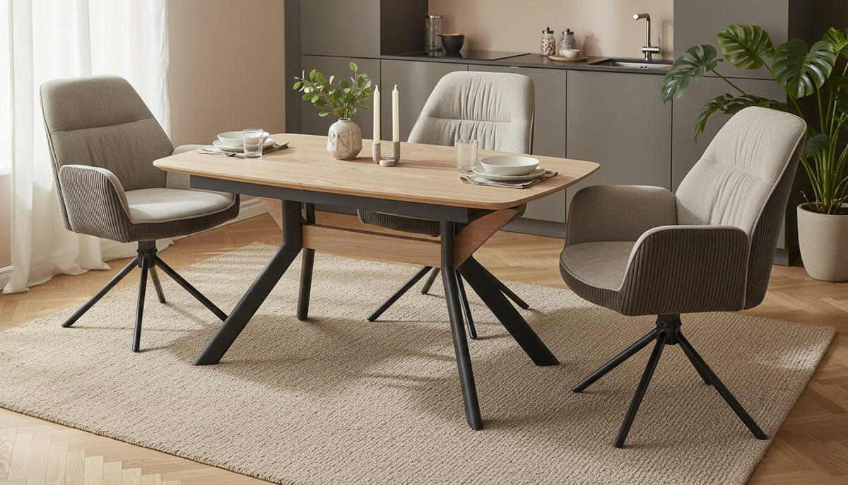 ESSTISCH 160-200/95/76 cm Nachbildung  Metall, Holzwerkstoff ausziehbar rechteckig Schwarz, Naturfarben  - Schwarz/Naturfarben, MODERN, Holzwerkstoff/Metall (160-200/95/76cm) - Livetastic
