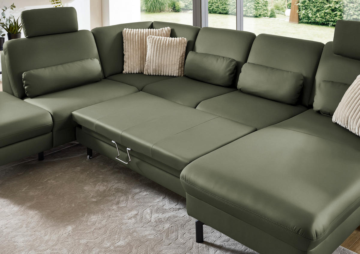 WOHNLANDSCHAFT Echtleder Olivgrün  - Schwarz/Olivgrün, Konventionell, Leder/Metall (224/306/168cm) - Beldomo Premium