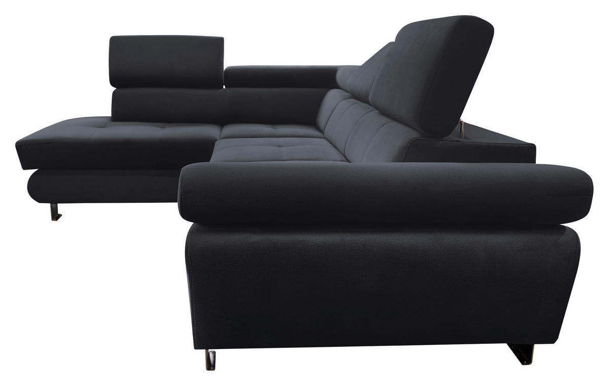 ECKSOFA Schwarz Webstoff Bettkasten, Schlaffunktion, Rücken echt, Armteilverstellung, Kopfteilverstellung  - Chromfarben/Schwarz, MODERN, Textil/Metall (205/278cm) - Stylife