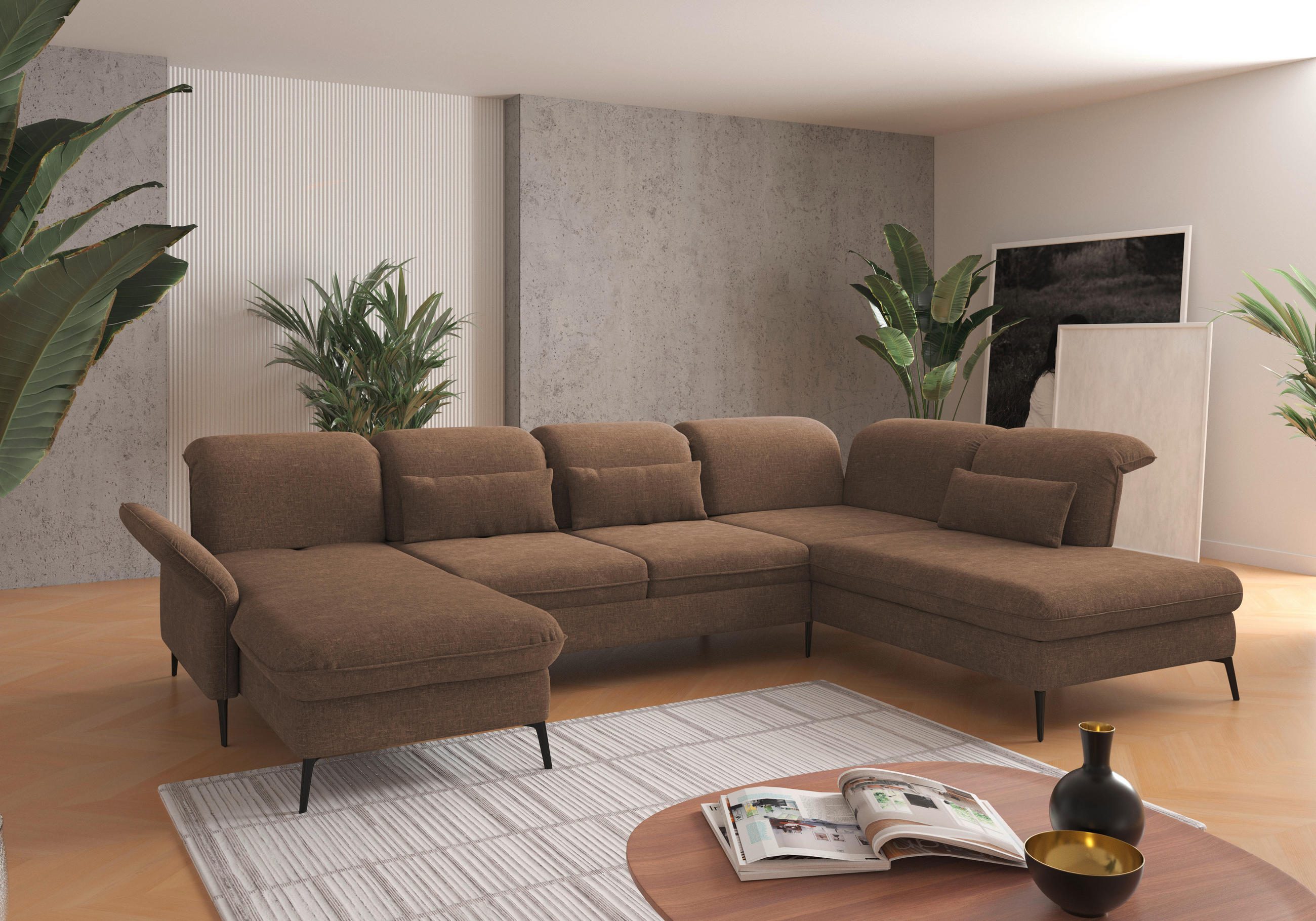 WOHNLANDSCHAFT in Flachgewebe Hellbraun  - Hellbraun/Schwarz, KONVENTIONELL, Textil/Metall (198/359/231cm) - Sit & More