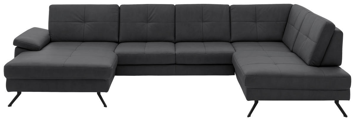 WOHNLANDSCHAFT Lederlook, Mikrofaser Grau  - Schwarz/Grau, Design, Textil/Metall (179/343/220cm) - Beldomo System