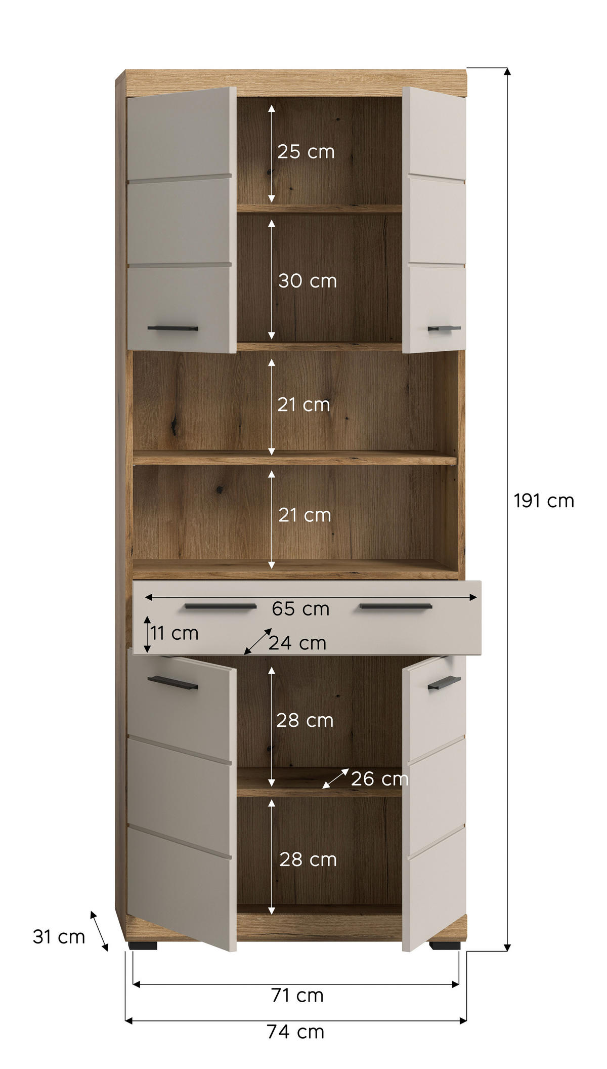 HOCHSCHRANK 74/191/31 cm  - Kaschmir/Schwarz, MODERN, Holzwerkstoff/Kunststoff (74/191/31cm) - MID.YOU