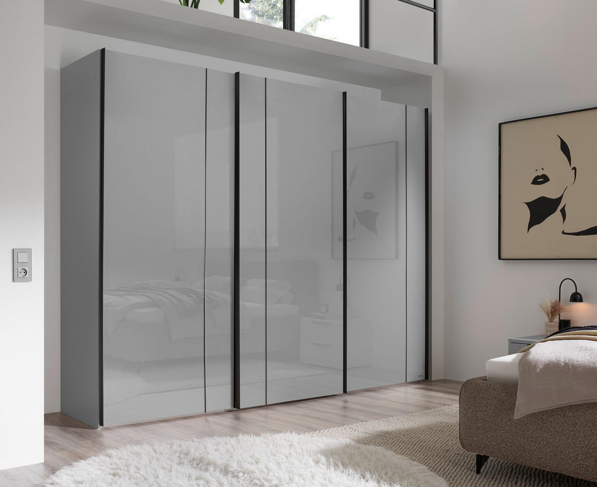 SCHWEBETÜRENSCHRANK 298/222/68 cm 3-türig Hellgrau  - Hellgrau/Schwarz, Design, Glas/Holzwerkstoff (298/222/68cm) - Musterring