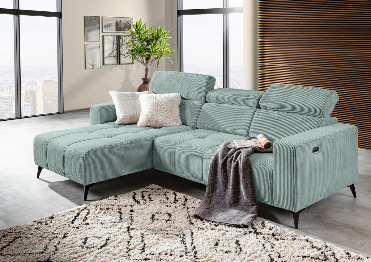 ECKSOFA Mintgrün Cord Rücken echt, Kopfteilverstellung, Sitzvorzug  - Schwarz/Mintgrün, KONVENTIONELL, Textil/Metall (170/257cm) - Carryhome