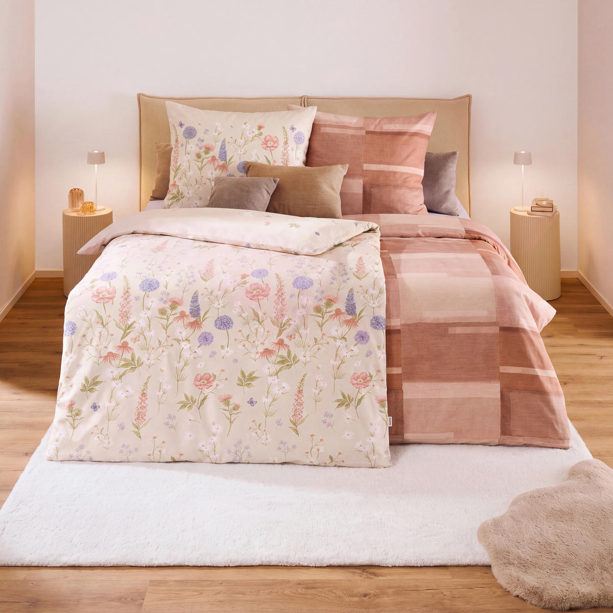 BETTWÄSCHE 3-teilig Wiesenblümchen Makosatin 140/200 cm  - Champagner, Basics, Textil (140/200cm) - Kaeppel
