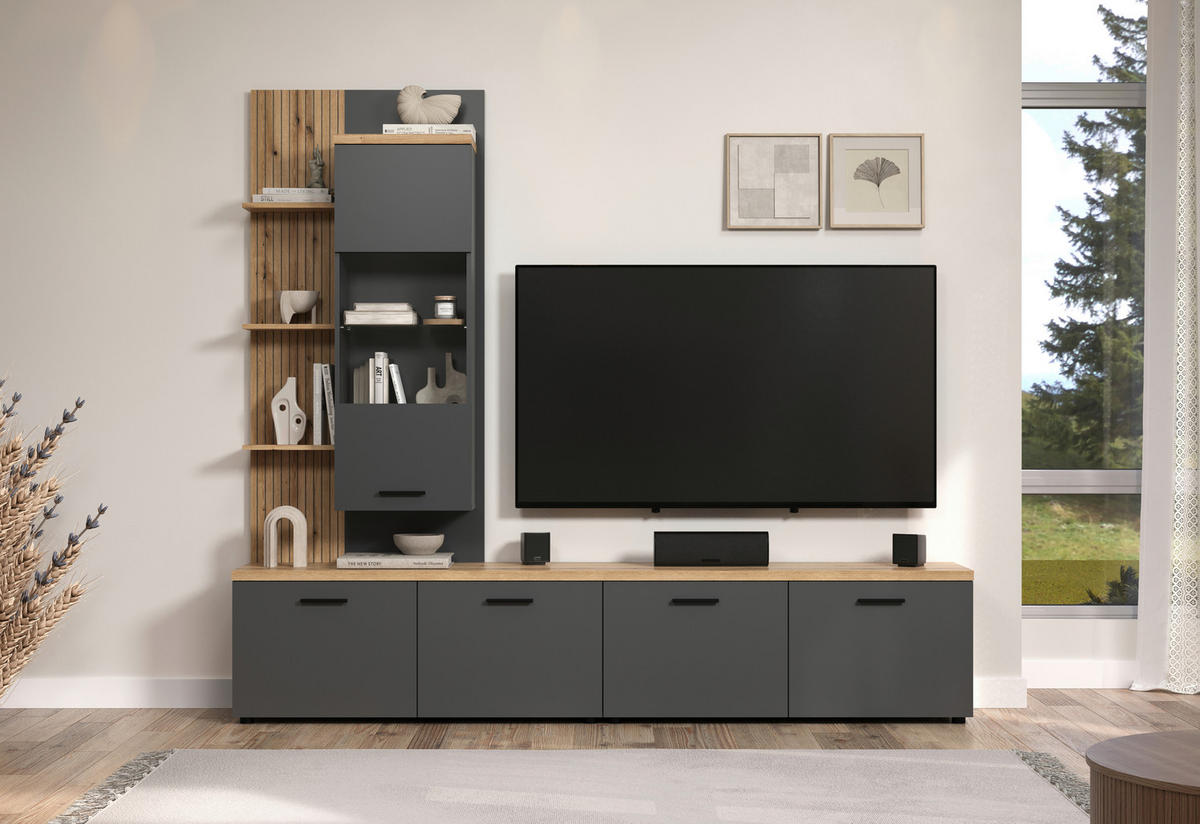 WOHNWAND 3-teilig  in Anthrazit, Eichefarben  240/212/40 cm  - Eichefarben/Anthrazit, Design, Glas/Holzwerkstoff (240/212/40cm) - MID.YOU