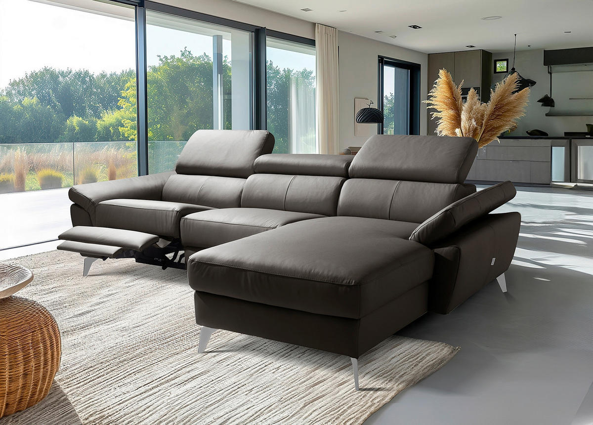 ECKSOFA Lederlook Echtleder Dunkelbraun  - Chromfarben/Dunkelbraun, Design, Leder/Textil (252/179cm) - Livetastic
