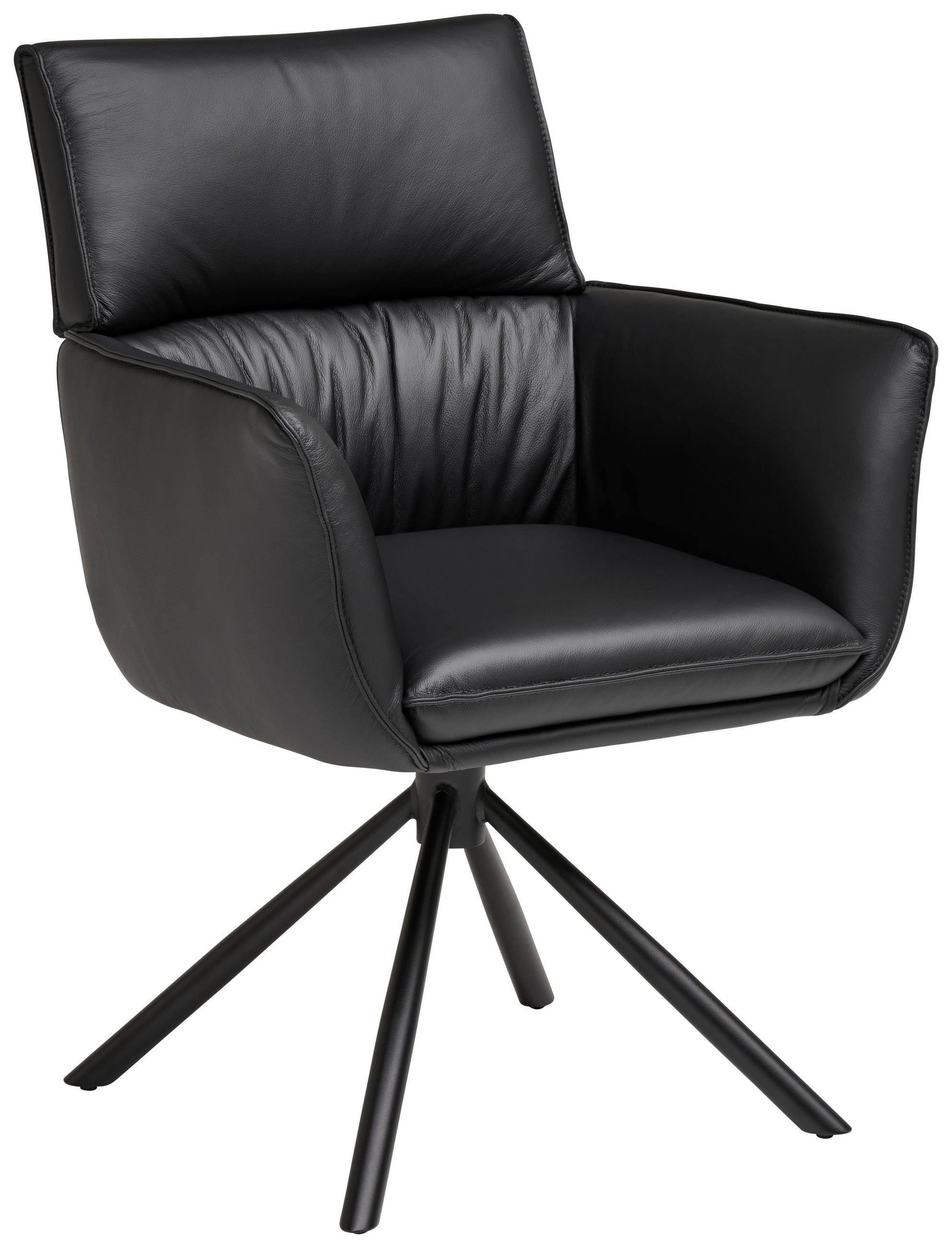 Armlehnstuhl Leder Schwarz  Sitzfläche 360° drehbar, automatische Rückholfunktion  Echtleder  Schwarz  - Schwarz, MODERN, Leder/Metall (64/90,5/64,5cm) - Livetastic