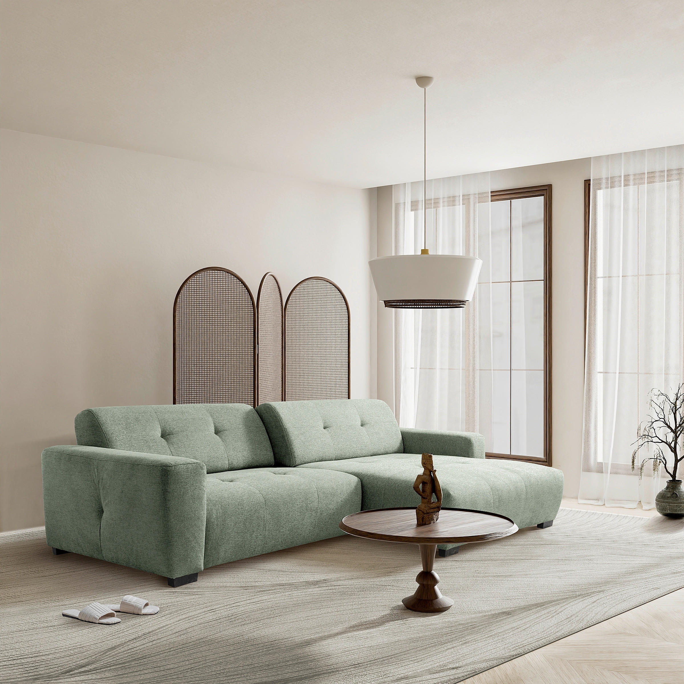 ECKSOFA AUSTIN Salbeigrün Flachgewebe Sitztiefenverstellung  - Salbeigrün/Schwarz, Design, Kunststoff/Textil (286/169cm) - Livetastic