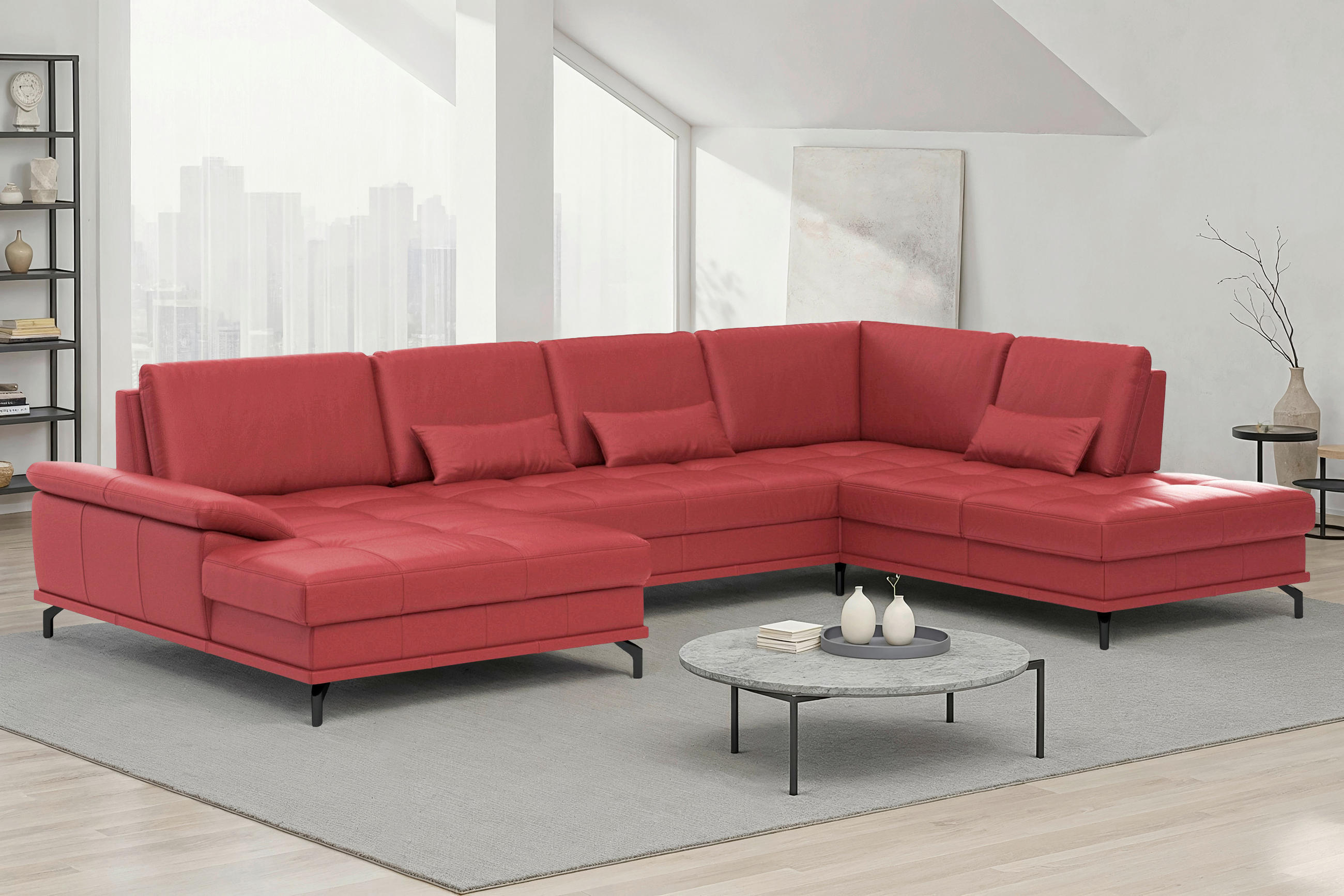WOHNLANDSCHAFT COSTELLO E Rot Echtleder  - Rot/Schwarz, Basics, Leder/Metall (176/363/223cm) - Sit & More