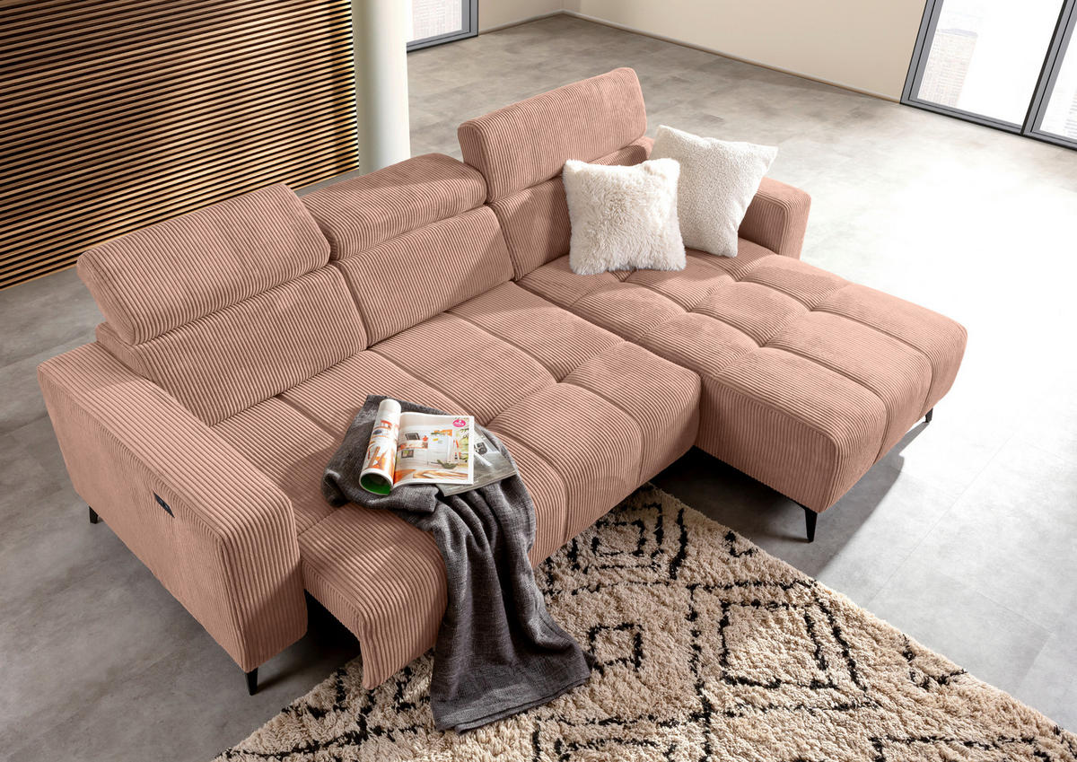 ECKSOFA Altrosa Cord Rücken echt, Kopfteilverstellung, Sitzvorzug  - Schwarz/Altrosa, KONVENTIONELL, Textil/Metall (257/170cm) - Carryhome