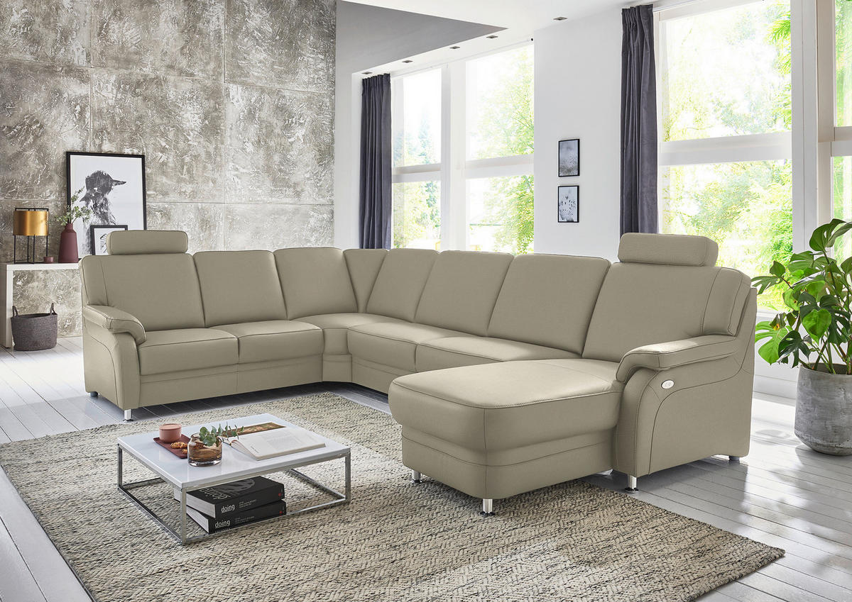 WOHNLANDSCHAFT Echtleder Ecru  - Ecru/Alufarben, Konventionell, Leder/Metall (239/329/165cm) - Beldomo Premium