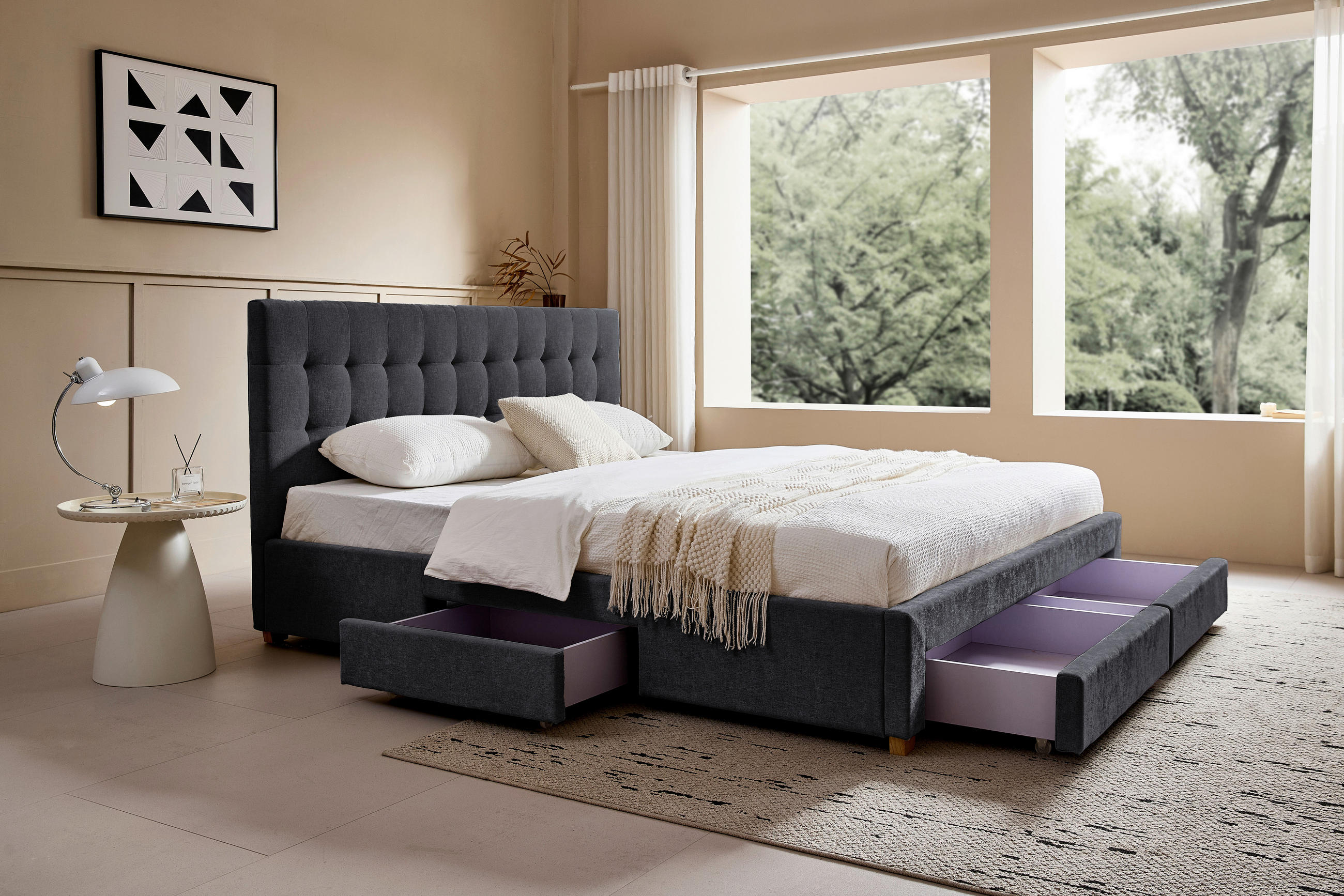 POLSTERBETT 140/200 cm, inkl. gepolstertes Kopfteil, Lattenrost, Bettschubladen,  in Dunkelgrau  - Dunkelgrau/Naturfarben, Design, Holz/Textil (140/200cm) - Boxxx