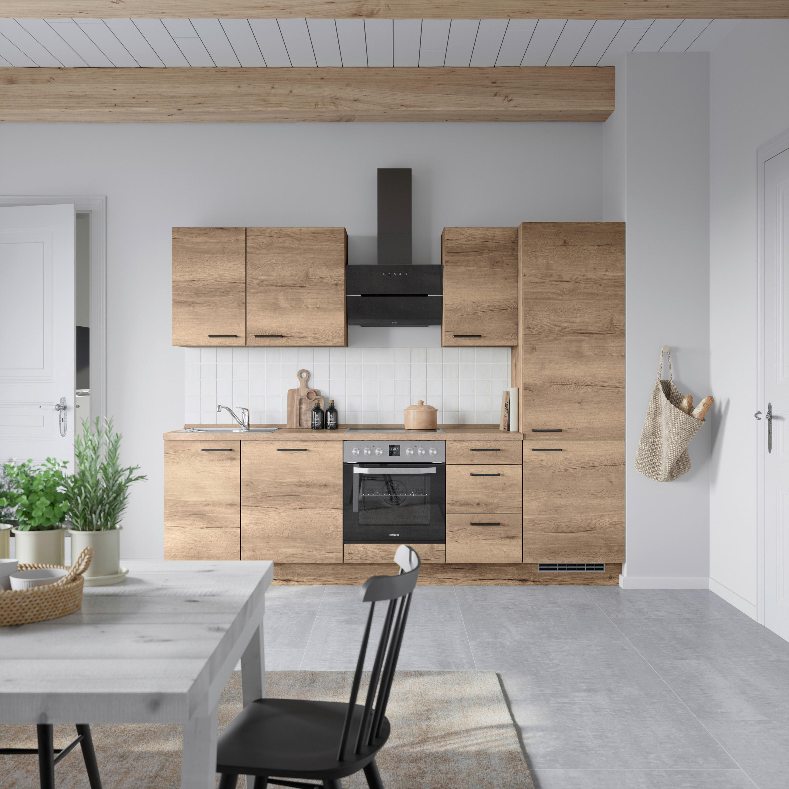 BUCĂTĂRIE FĂRĂ ELECTROCASNICE  - stejar închis la culoare/negru, Modern, metal/material pe bază de lemn (270cm) - Nobilia