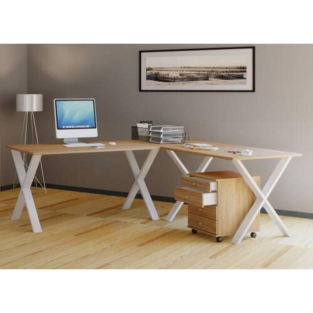 Thumbnail - Mid.you Eckschreibtisch, Weiß, Sonoma Eiche, Holzwerkstoff, rechteckig, X-Form, 80x76x220 cm, Arbeitszimmer, Schreibtisc...