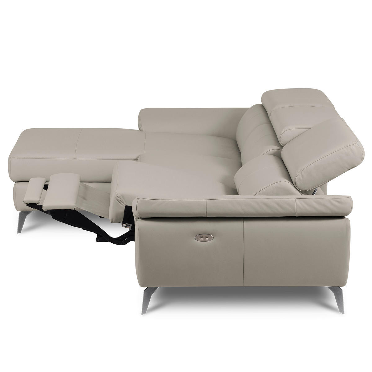 ECKSOFA  in Lederlook Echtleder Platinfarben Rücken echt, Armteilverstellung, Relaxfunktion, Kopfteilverstellung  179/252 cm  - Platinfarben/Chromfarben, Design, Leder/Textil (179/252cm) - Livetastic