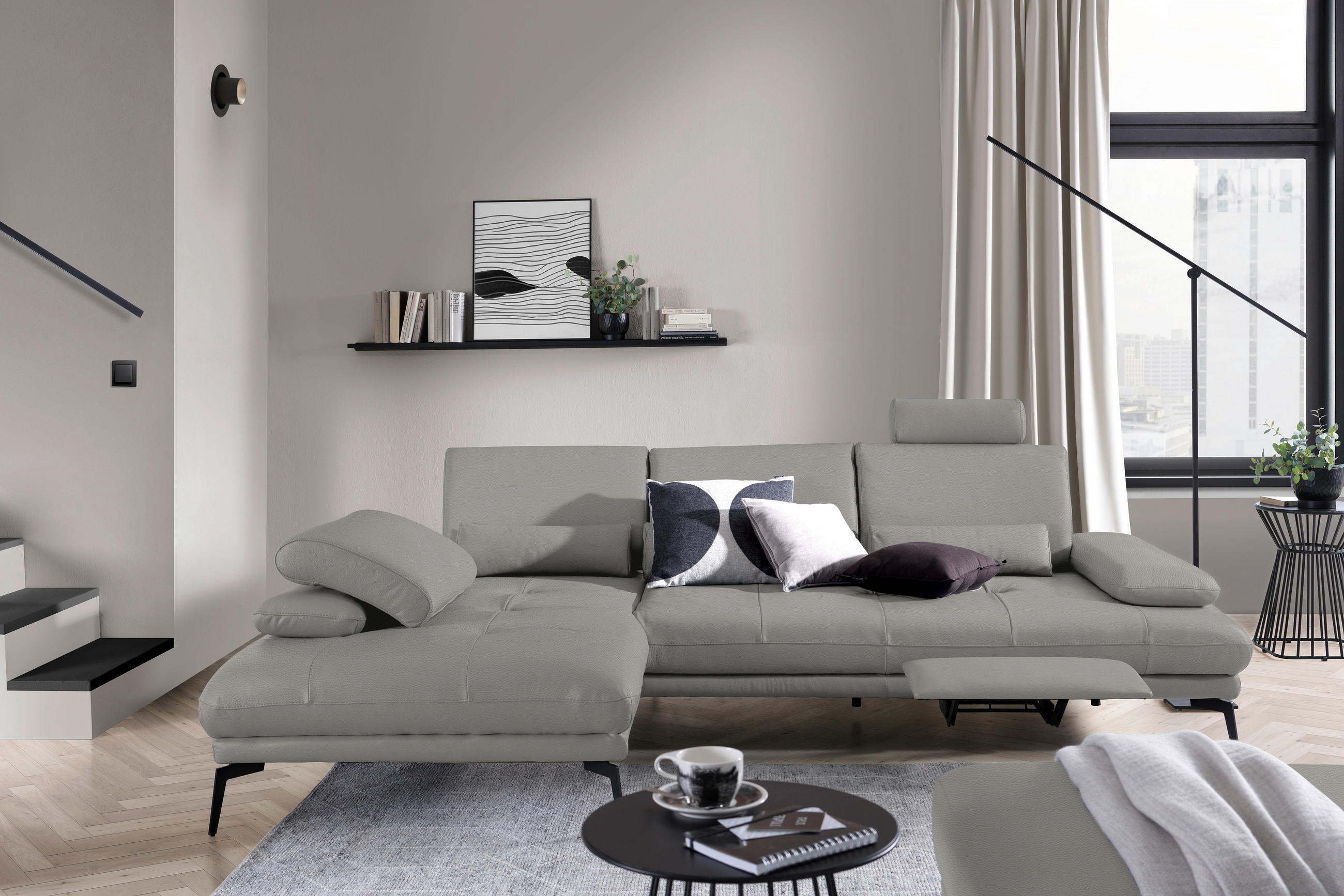 ECKSOFA in Echtleder Grau  - Schwarz/Grau, Design, Leder/Metall (187/273cm) - Celina Home