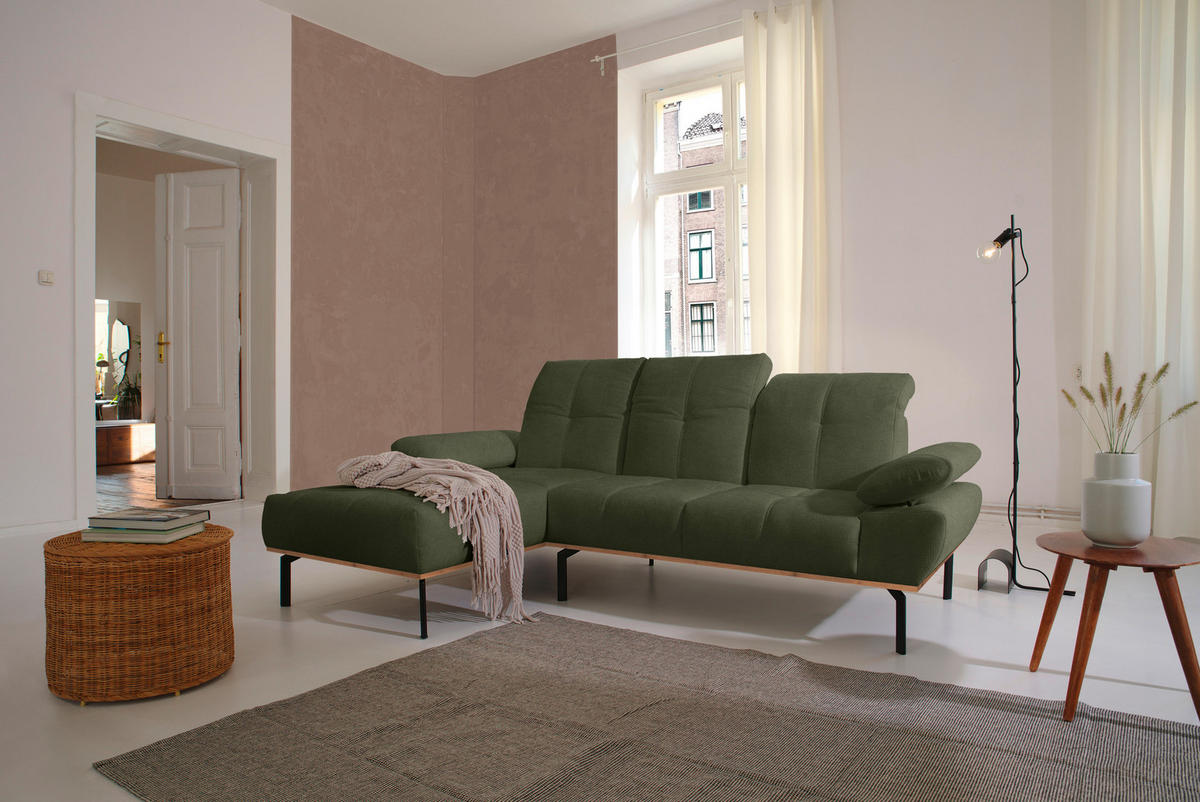 ECKSOFA in Mikrofaser Grün  242/170 cm  - Wildeiche/Schwarz, Design, Holz/Textil (242/170cm) - MID.YOU