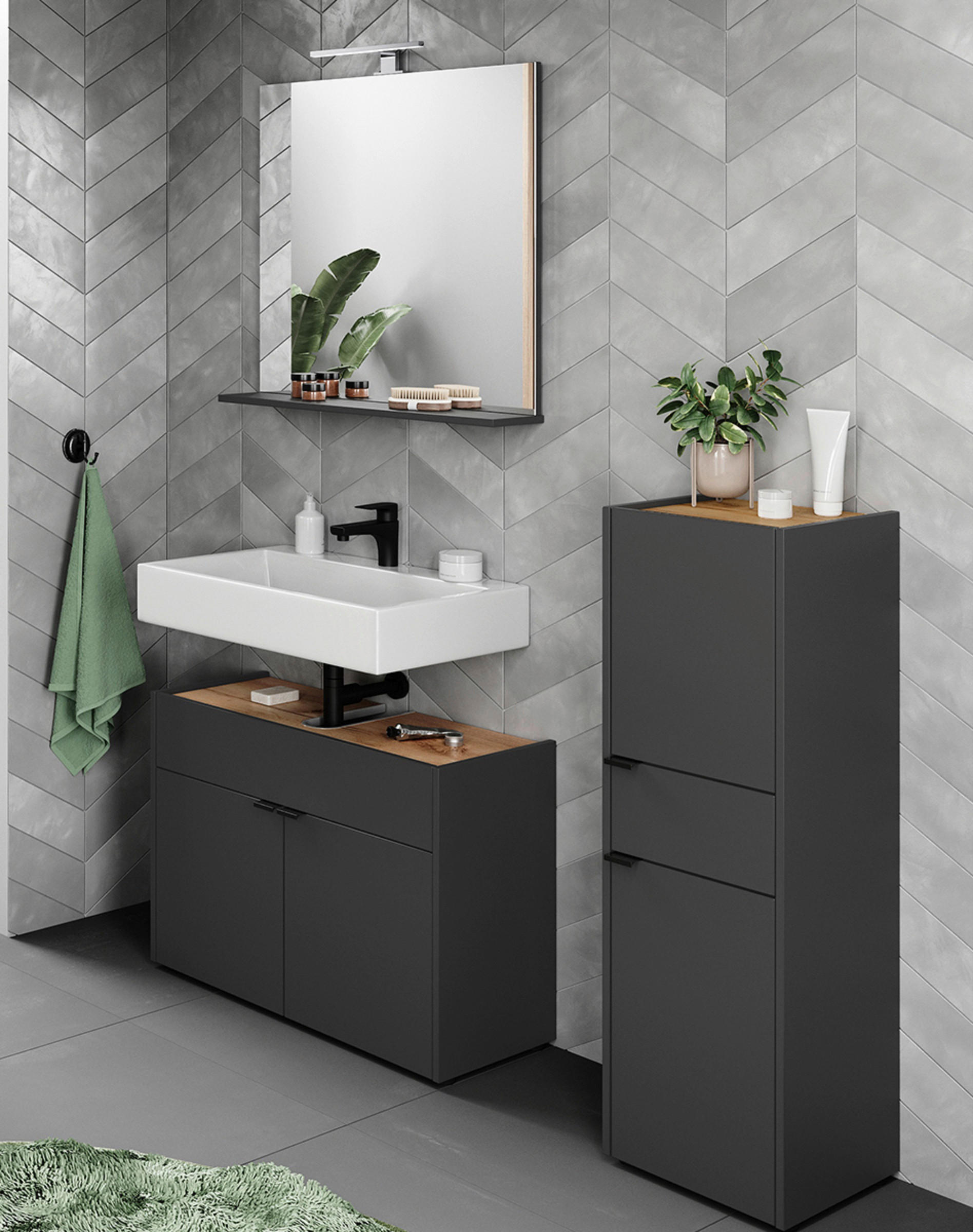 BADEZIMMER 3-teilig in 129 cm - Eichefarben/Schwarz, MODERN, Holzwerkstoff/Kunststoff (129cm) - Germania