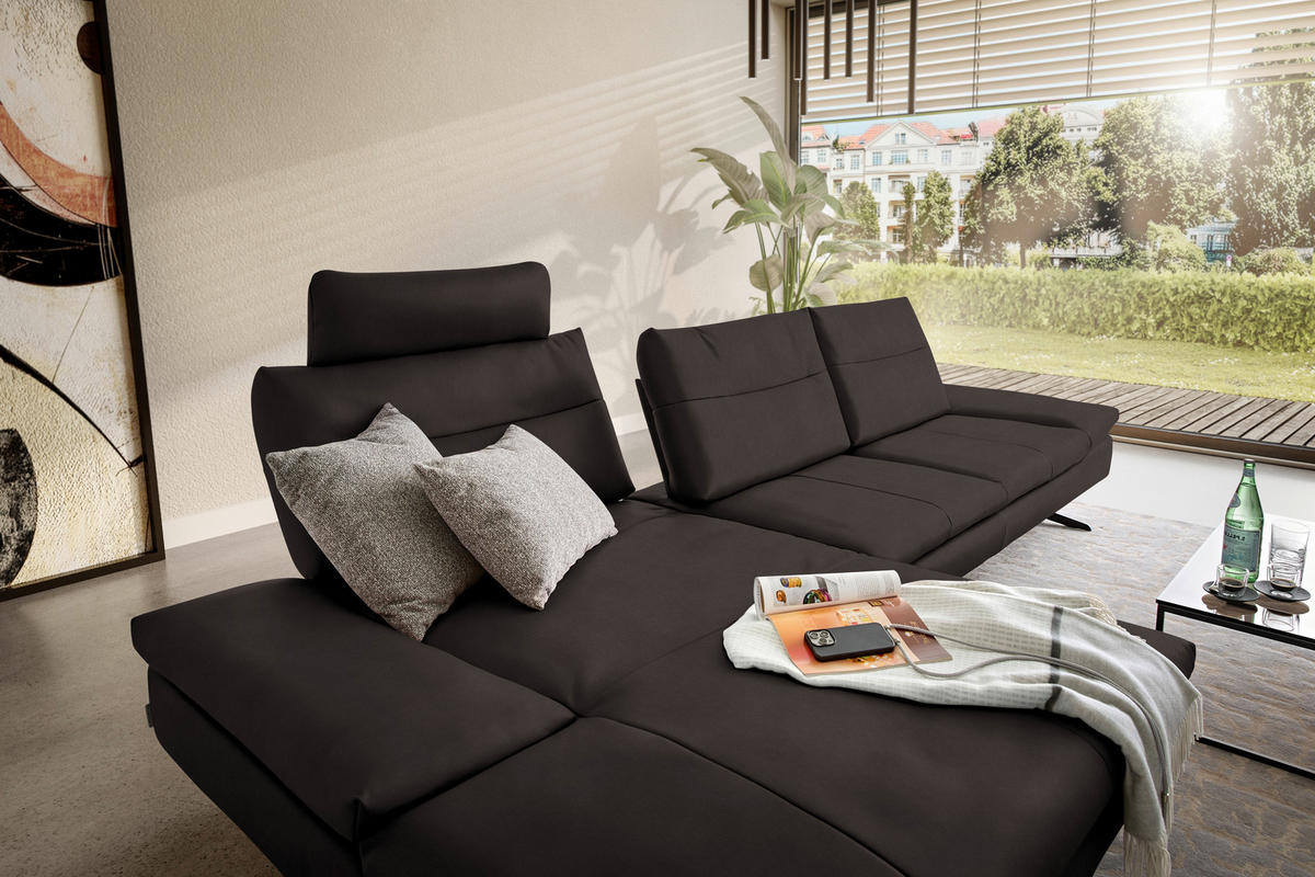 ECKSOFA in Echtleder Dunkelbraun  - Dunkelbraun/Schwarz, Modern, Leder/Metall (158/342cm) - Chilliano