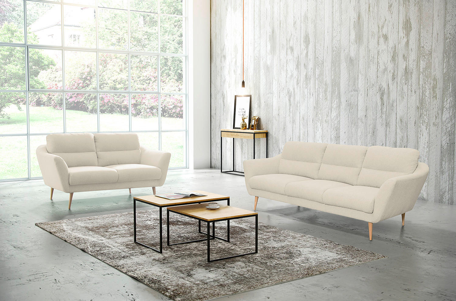CANAPÉ 3 PLACES in tissu tissé crème  - crème/couleur de hêtre, Design, textile/bois (209/87/88cm) - Livetastic