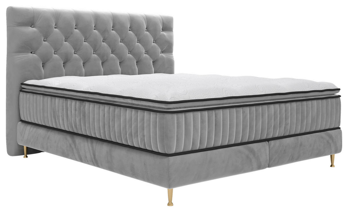 BOXSPRINGBETT 180/200 cm,  in Hellgrau, Matratze, gepolstertes Kopfteil, Topper,  - Goldfarben/Hellgrau, Design, Textil/Metall (180/200cm) - Boxxx