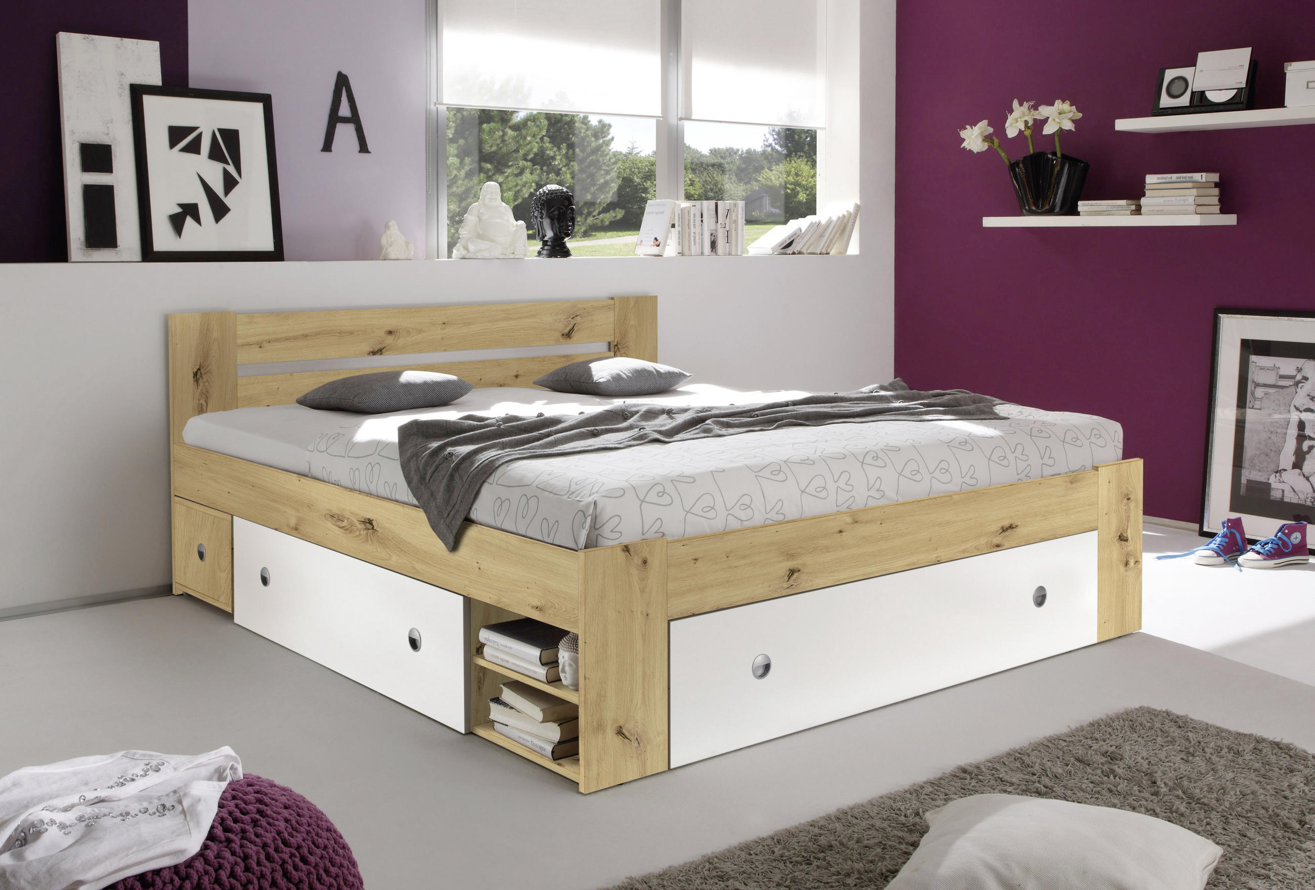 POSTELJNA GARNITURA x , leseni material bela, barve hrasta - barve hrasta/bela, Design, leseni material (140/200cm) - Boxxx