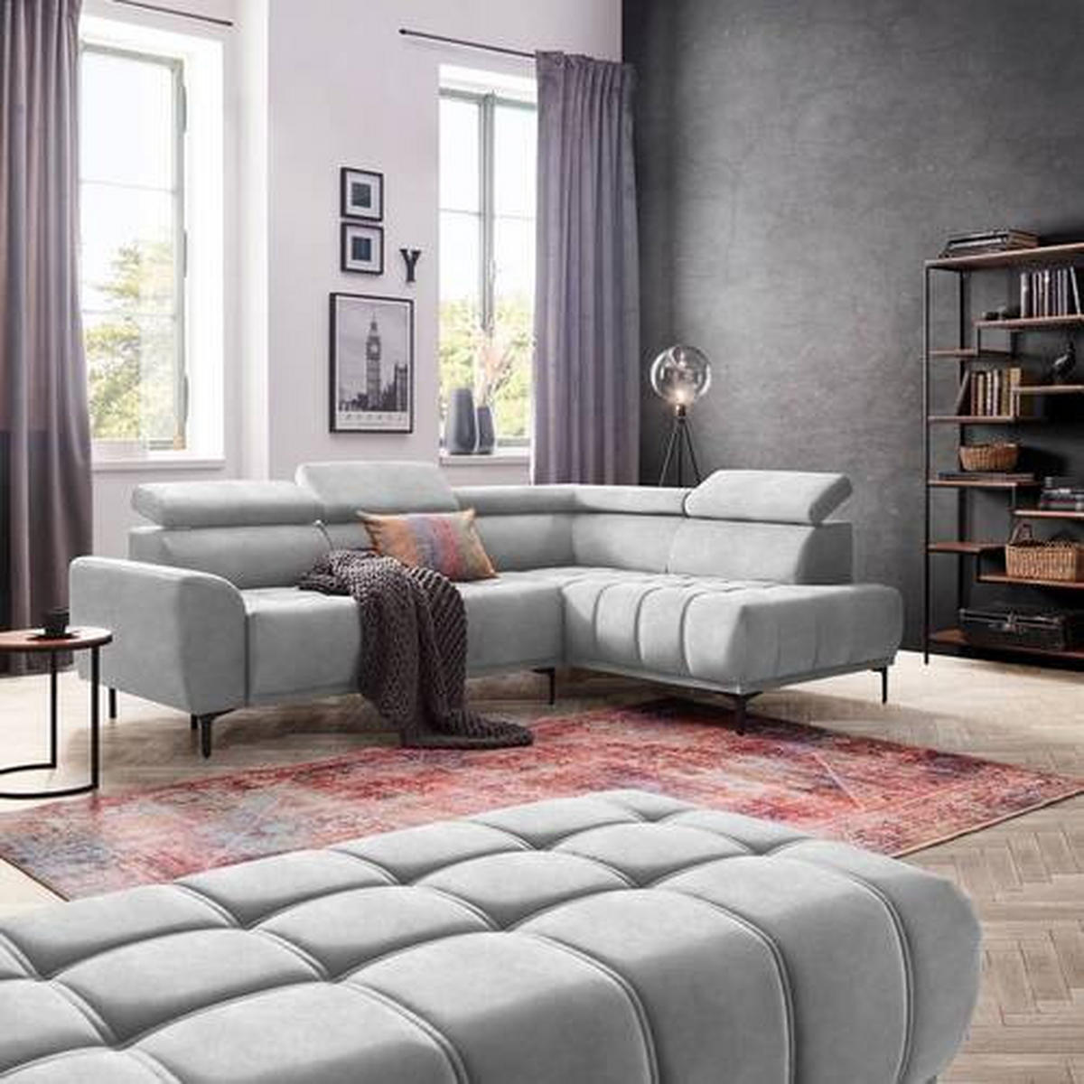 ECKSOFA Hellgrau Velours  - Hellgrau/Schwarz, Design, Textil/Metall (261/191cm) - Stylife