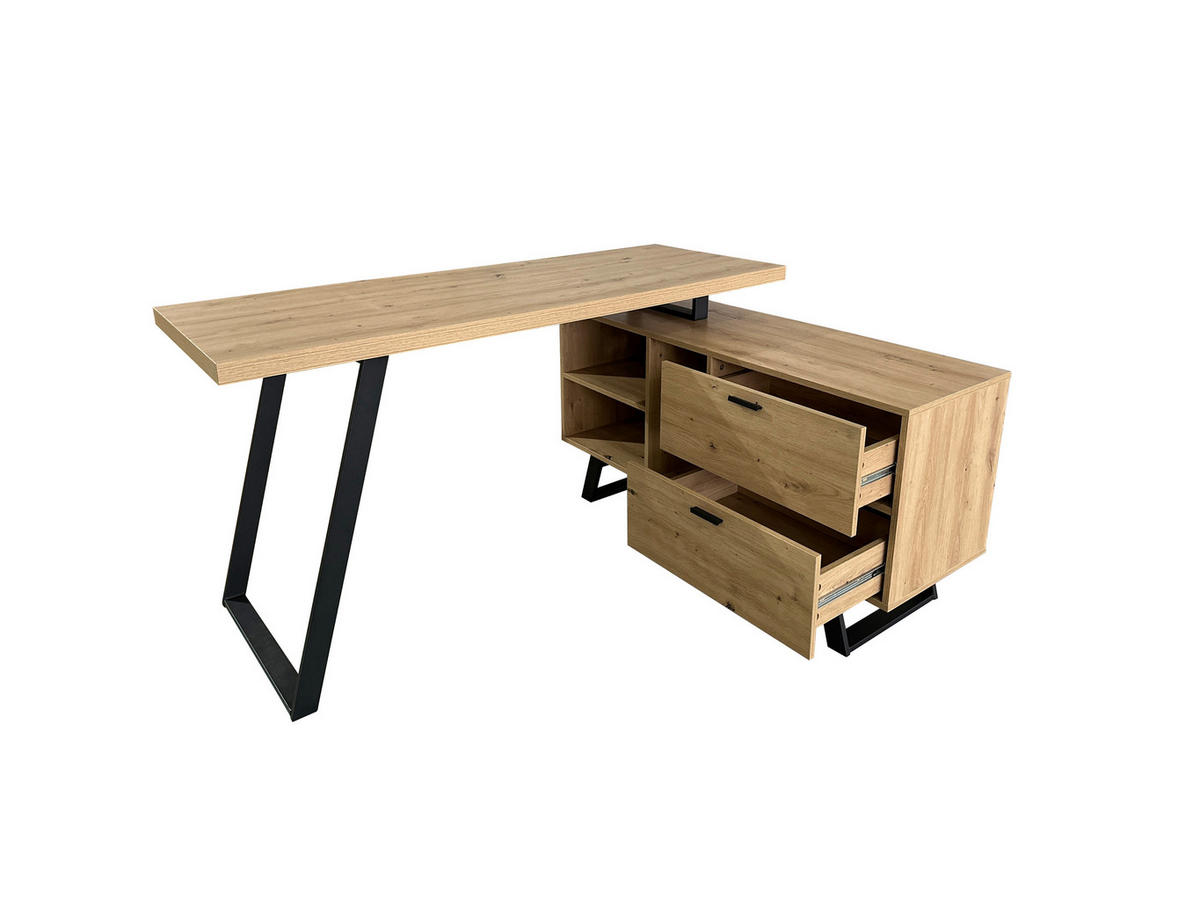ECKSCHREIBTISCH 150/60/75 cm  in Schwarz, Eichefarben  - Eichefarben/Schwarz, MODERN, Holzwerkstoff/Metall (150/60/75cm) - MID.YOU