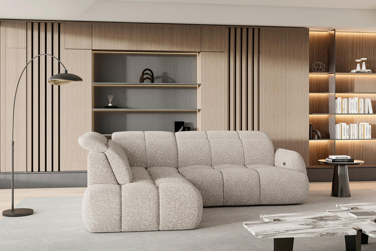 ECKSOFA Beige Webstoff Bettkasten, Schlaffunktion, Rücken echt, Kopfteilverstellung, Sitzvorzug  - Beige/Schwarz, Design, Kunststoff/Textil (230/275cm) - Welnova