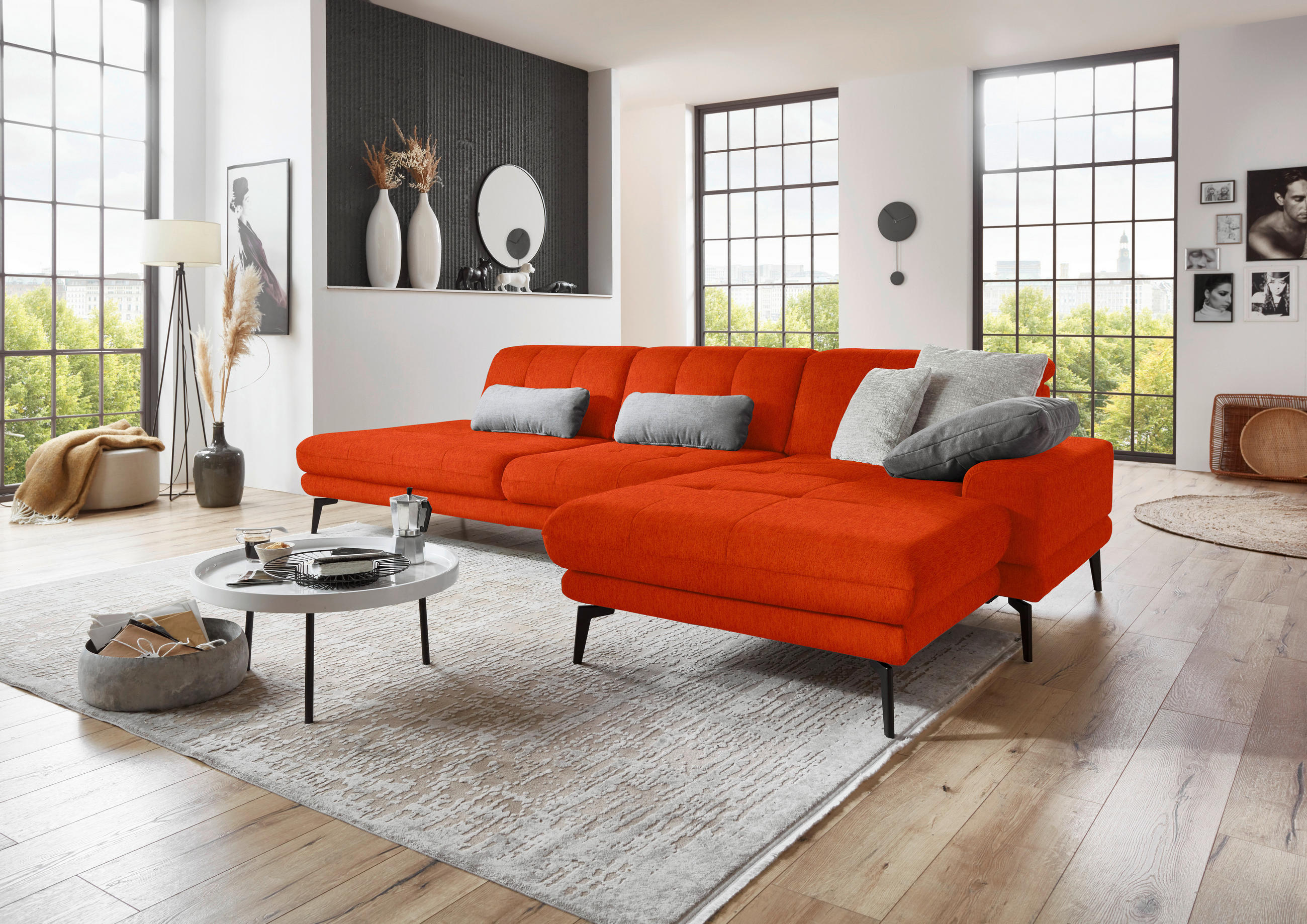 ECKSOFA in Flachgewebe Orange  309/190 cm  - Schwarz/Orange, Design, Textil/Metall (309/190cm) - Beldomo Style