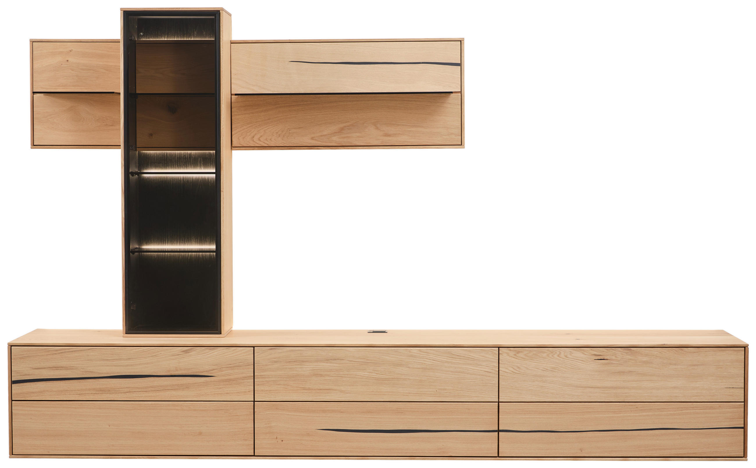 WOHNWAND 3-teilig  in Braun, Schwarz, Eichefarben  280/195/50 cm  - Eichefarben/Schwarz, Natur, Glas/Holz (280/195/50cm) - Waldwelt